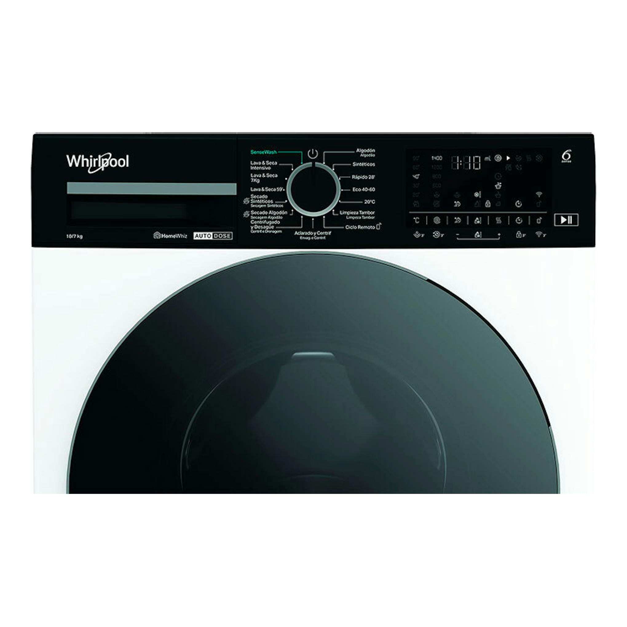 Lavasecadora Whirlpool WPD0736WADSSPT negra, vista frontal con panel digital y puerta circular.