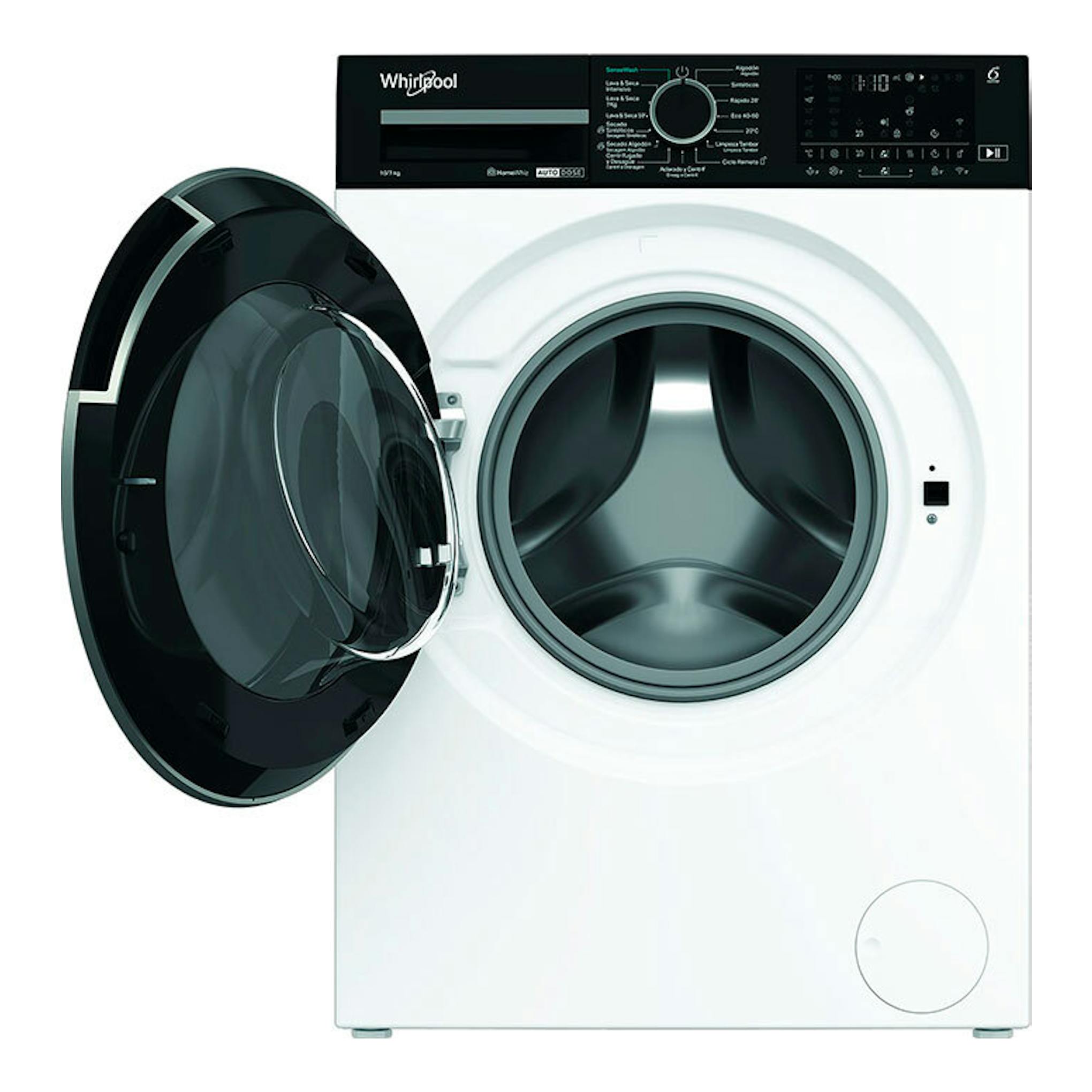 Lavasecadora Whirlpool WPD0736WADSSPT blanca, vista frontal, con puerta negra abierta.