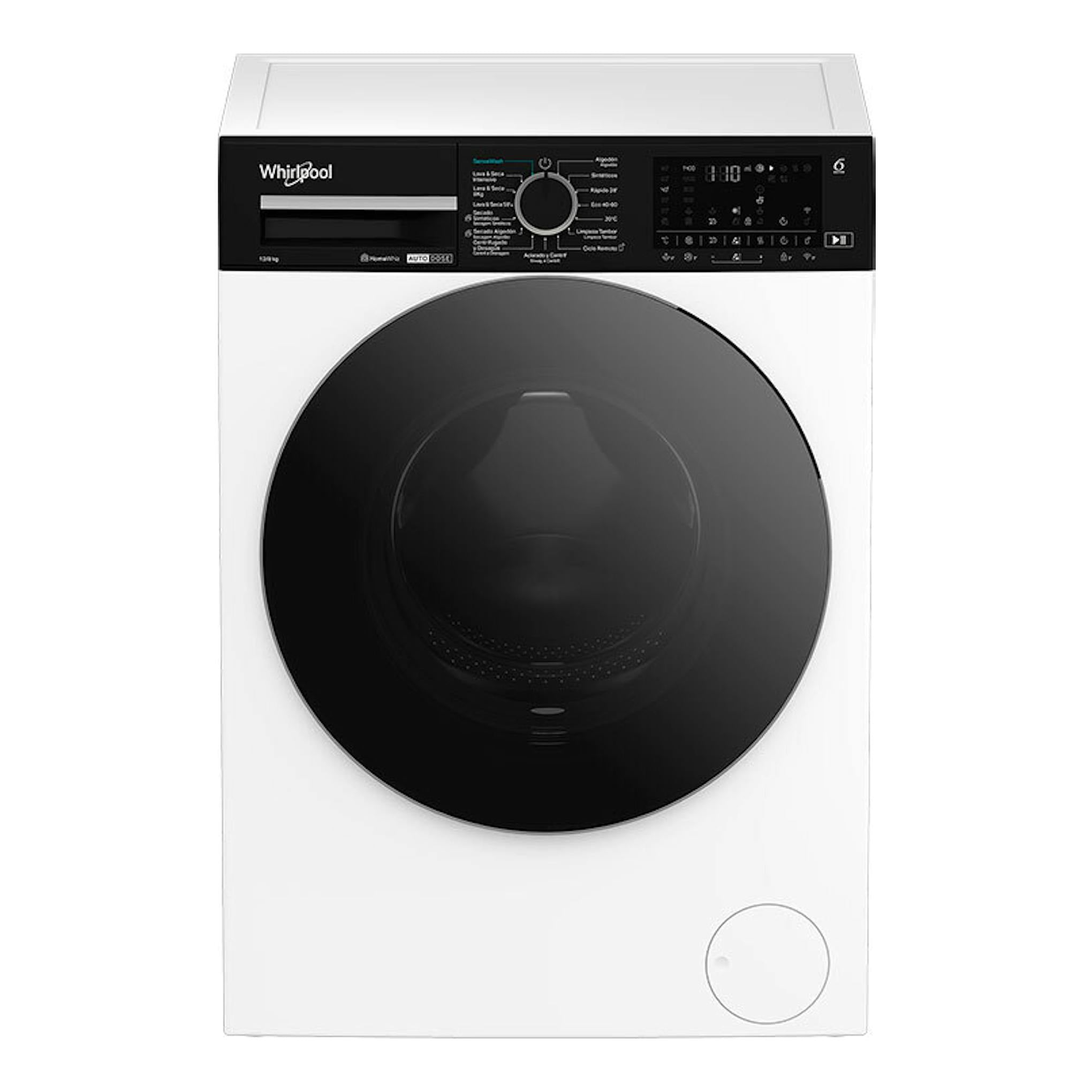 Lavasecadora Whirlpool WPD2836WADSSPT blanca, vista frontal, con puerta circular negra.
