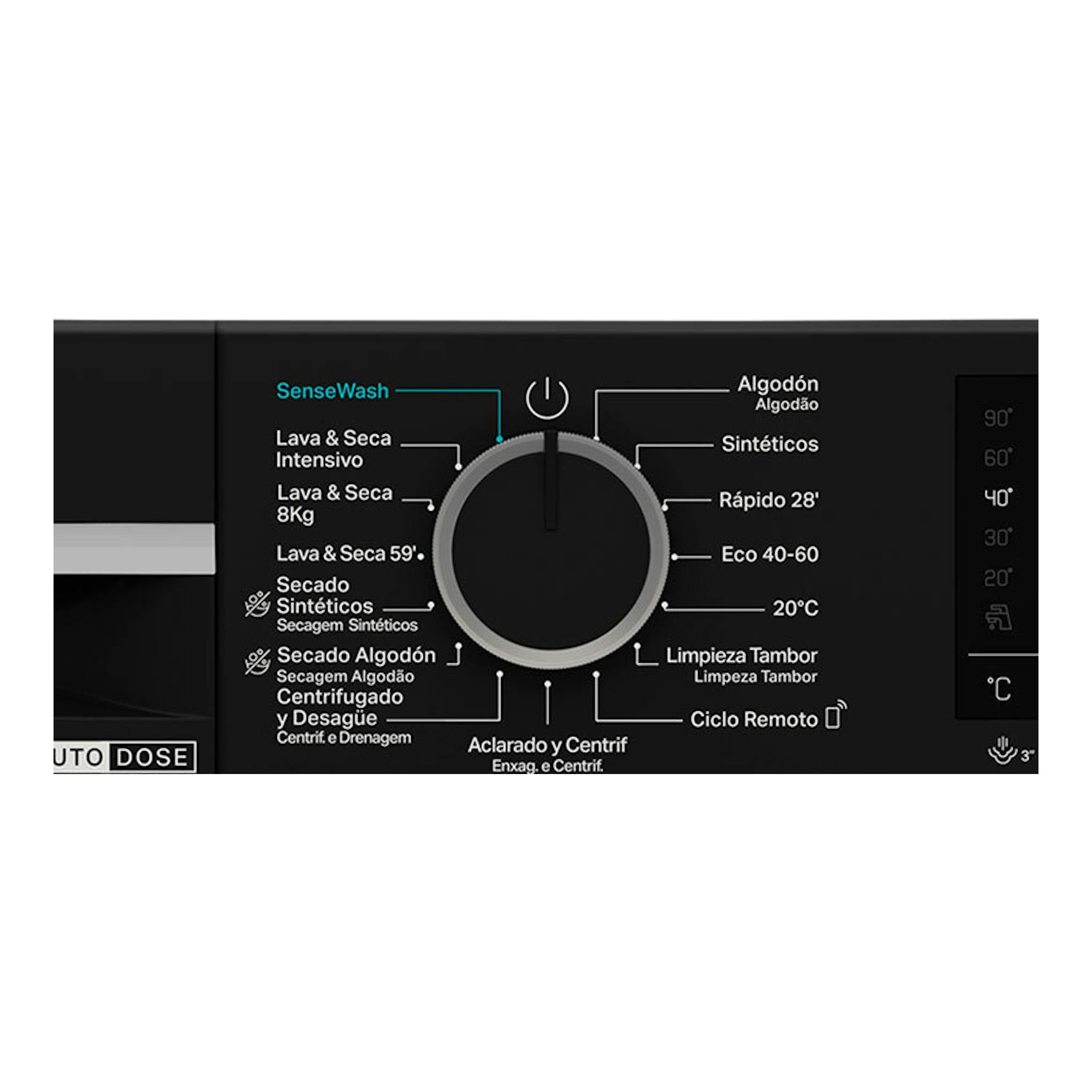 Panel frontal de lavasecadora Whirlpool WPD2836WADSSPT negra, con perilla central y programas en español.