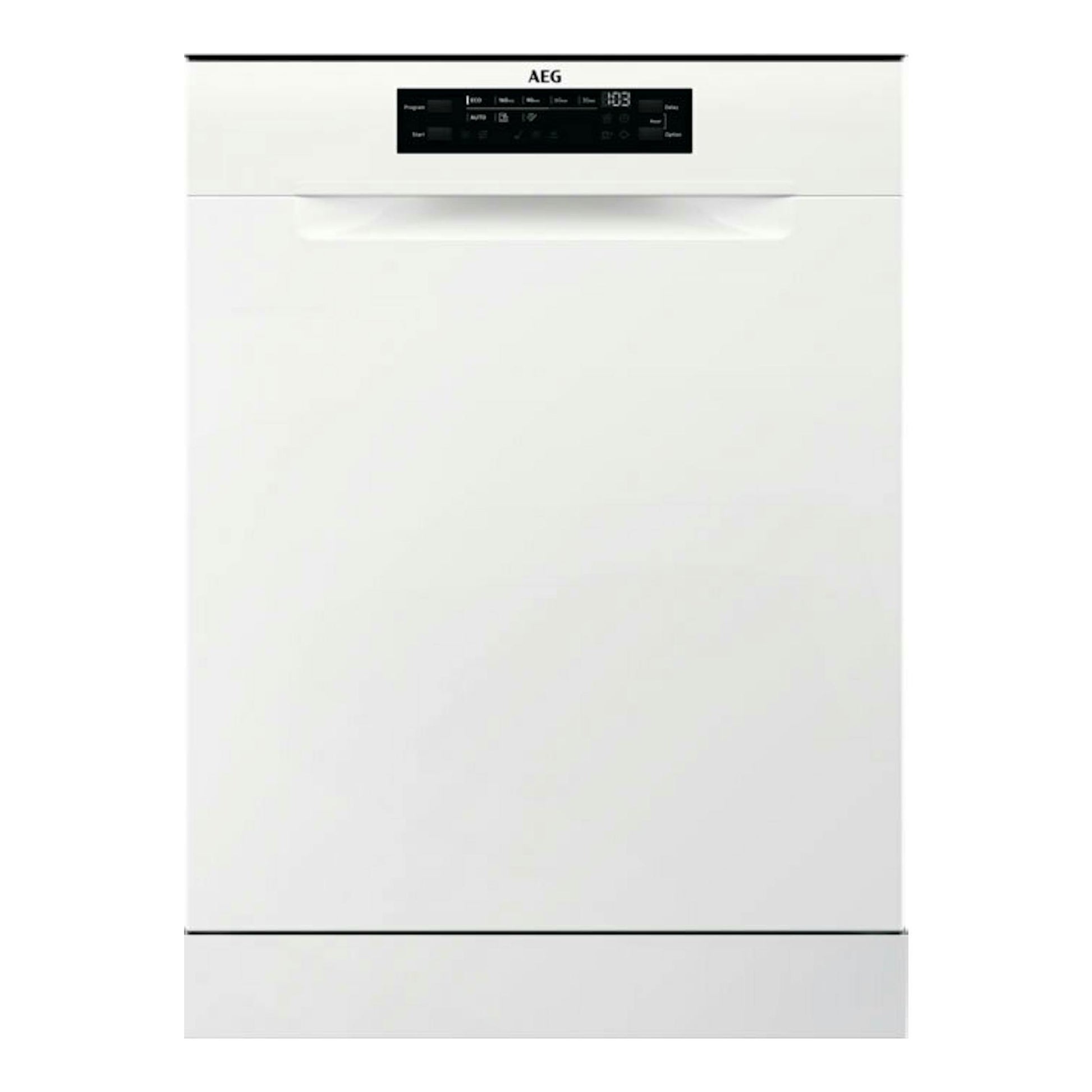 Lavavajillas AEG FFB33607ZW blanco, vista frontal, con panel de control negro superior.