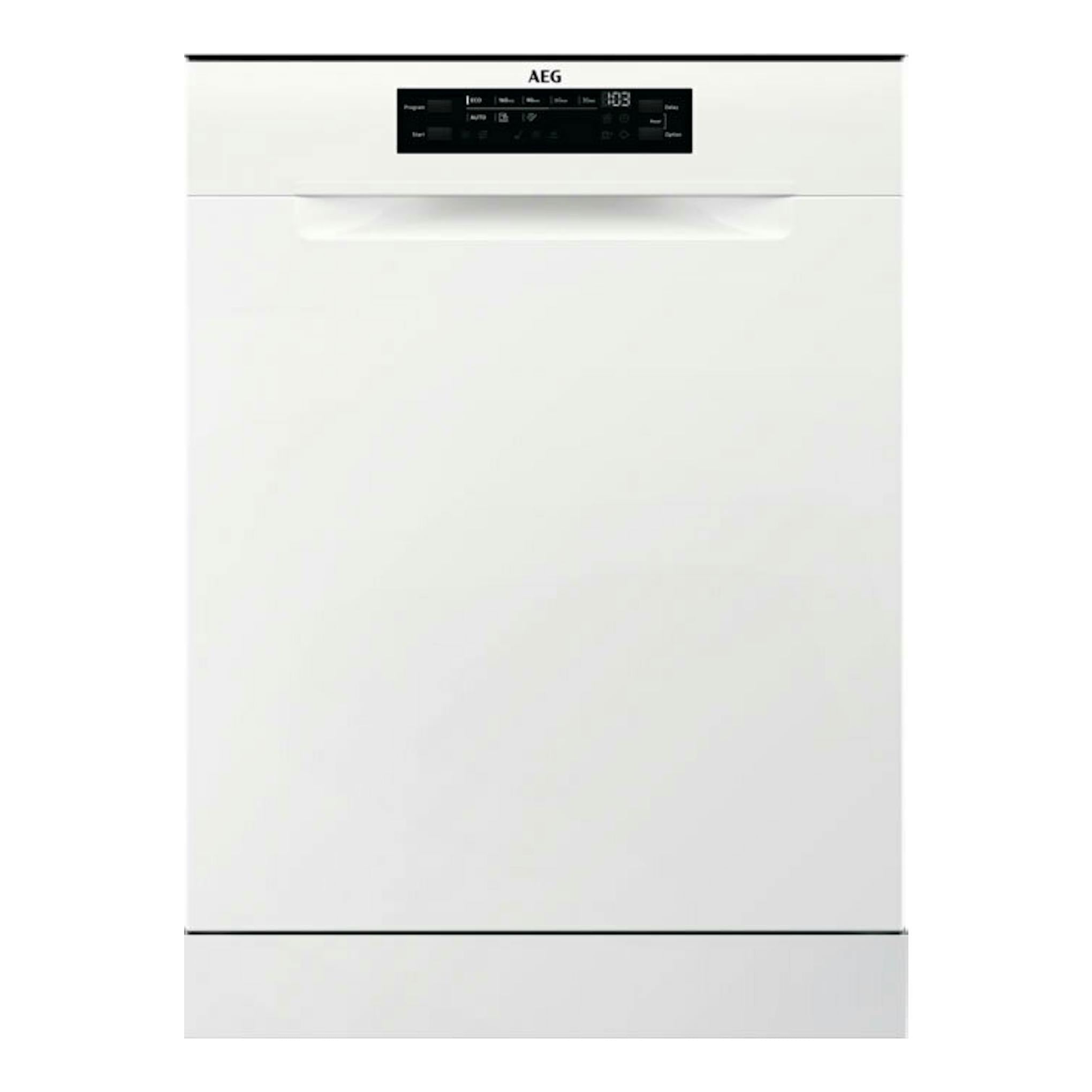 Lavavajillas AEG FFB33607ZW blanco, vista frontal, con panel de control negro superior.
