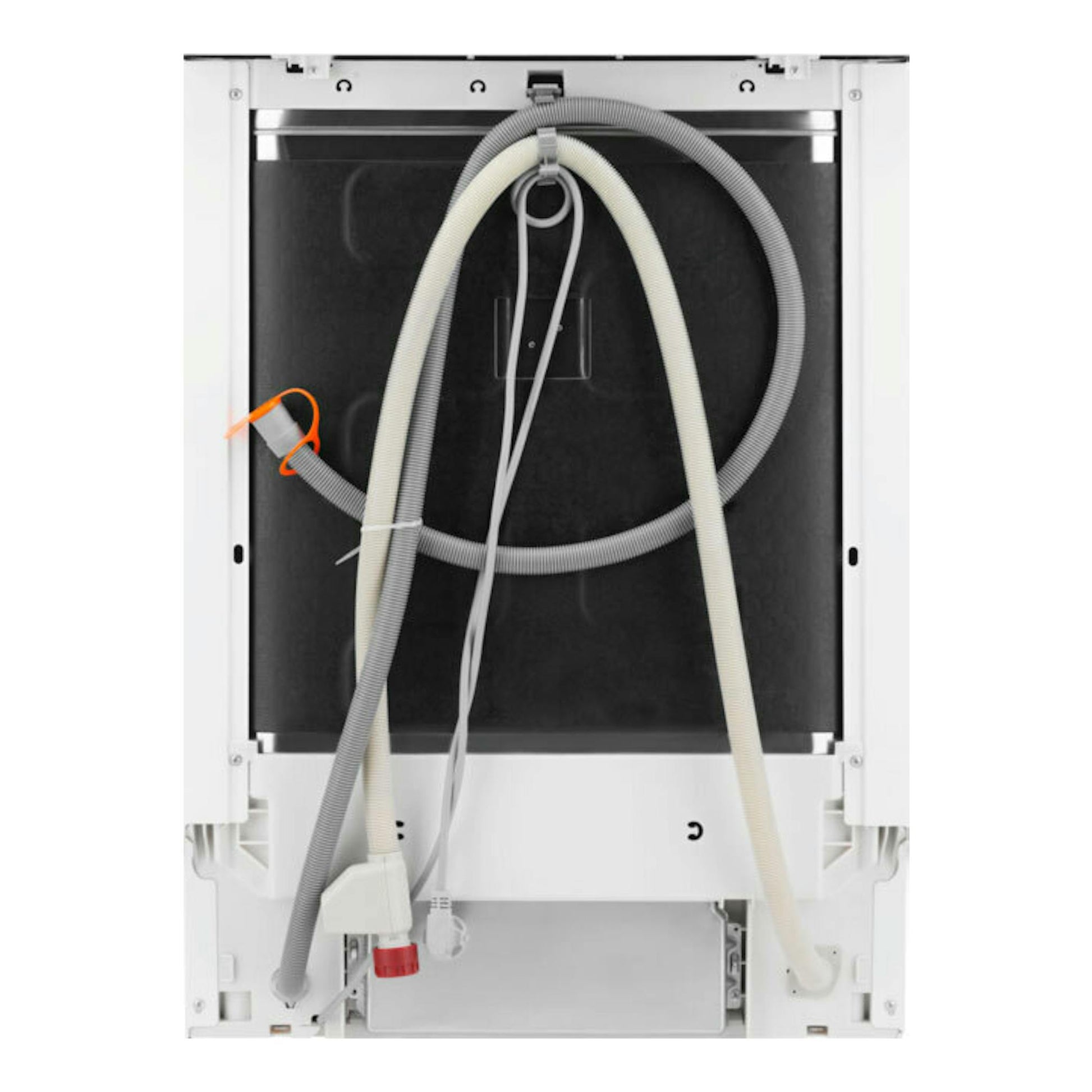 Lavavajillas AEG FFB33607ZW, vista trasera, blanco, con mangueras y cable visibles.