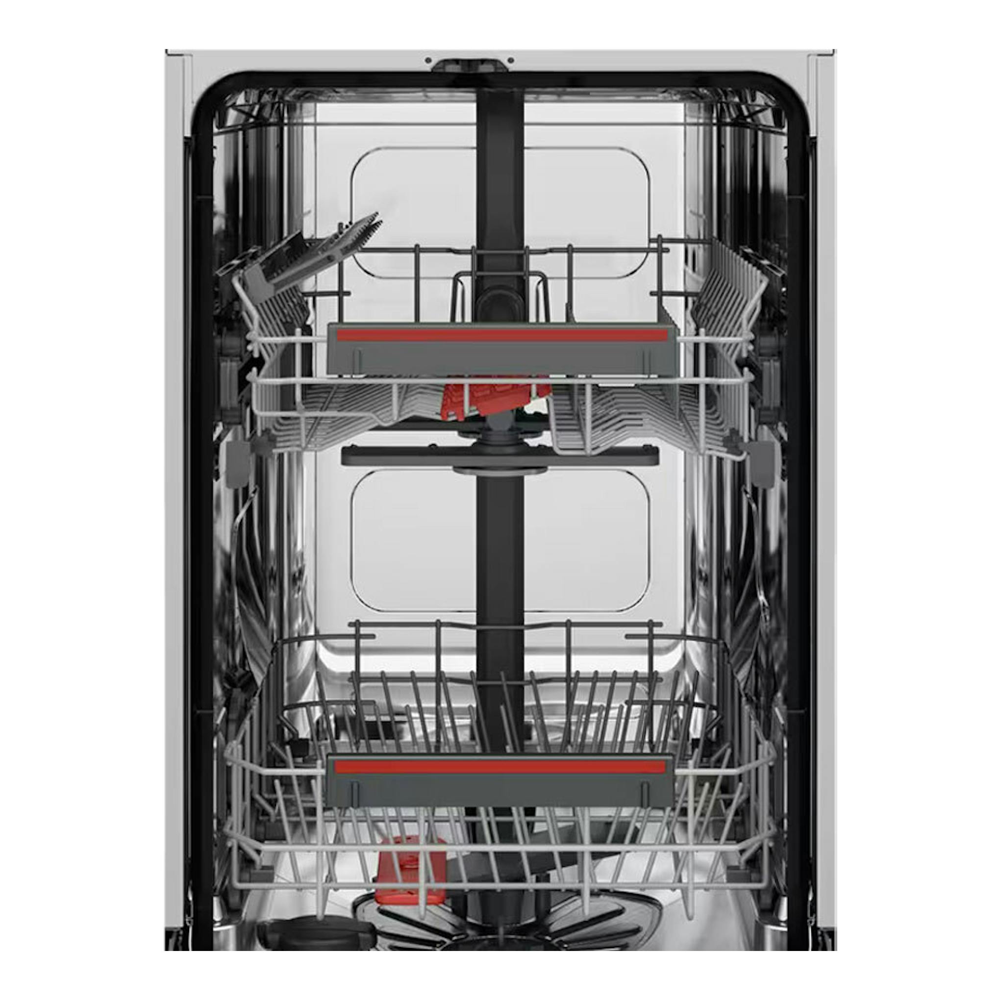 Lavavajillas AEG FFB62427ZM de 45 cm, vista frontal del interior con cestos y brazos rociadores.