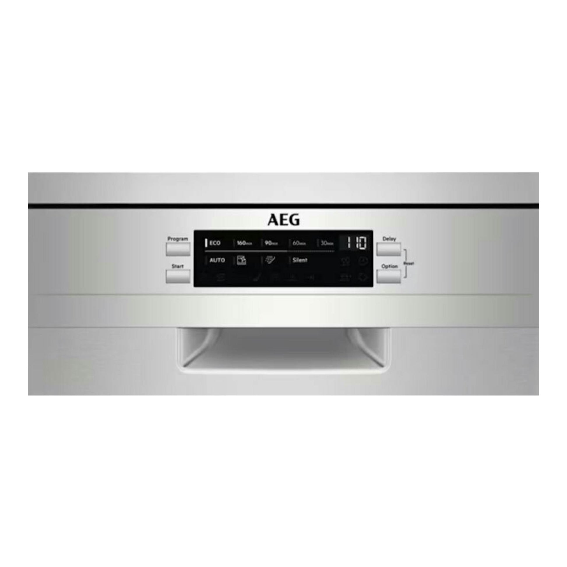 Lavavajillas AEG FFB62427ZM de acero inoxidable, vista frontal del panel de control.