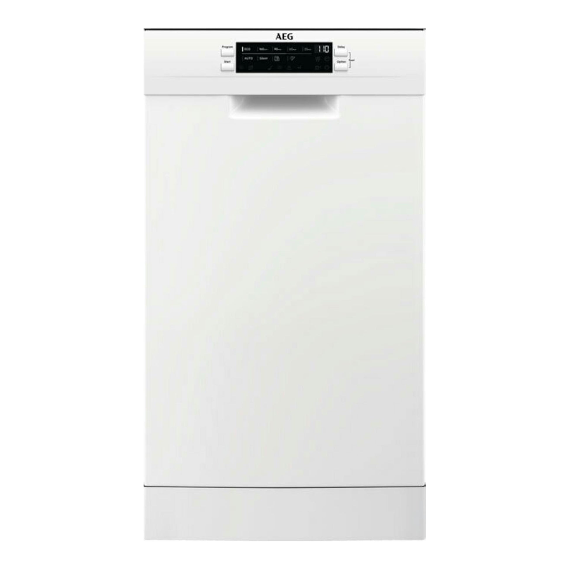 Lavavajillas AEG FFB62427ZW blanco, vista frontal, con panel de control superior.