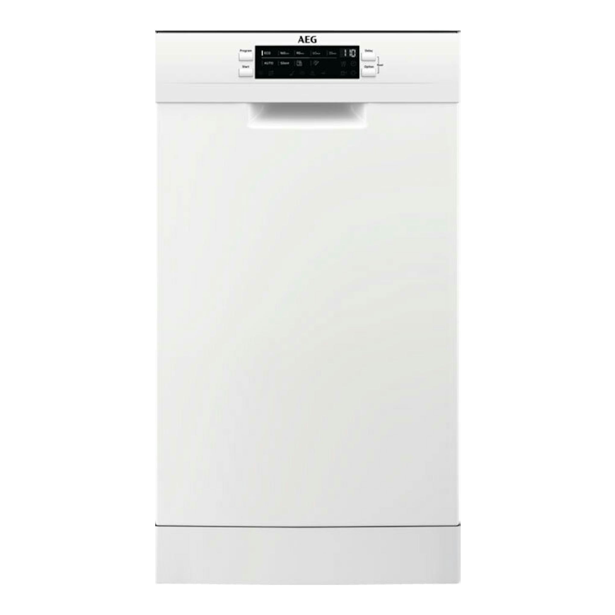 Lavavajillas AEG FFB62427ZW blanco, vista frontal, con panel de control superior.