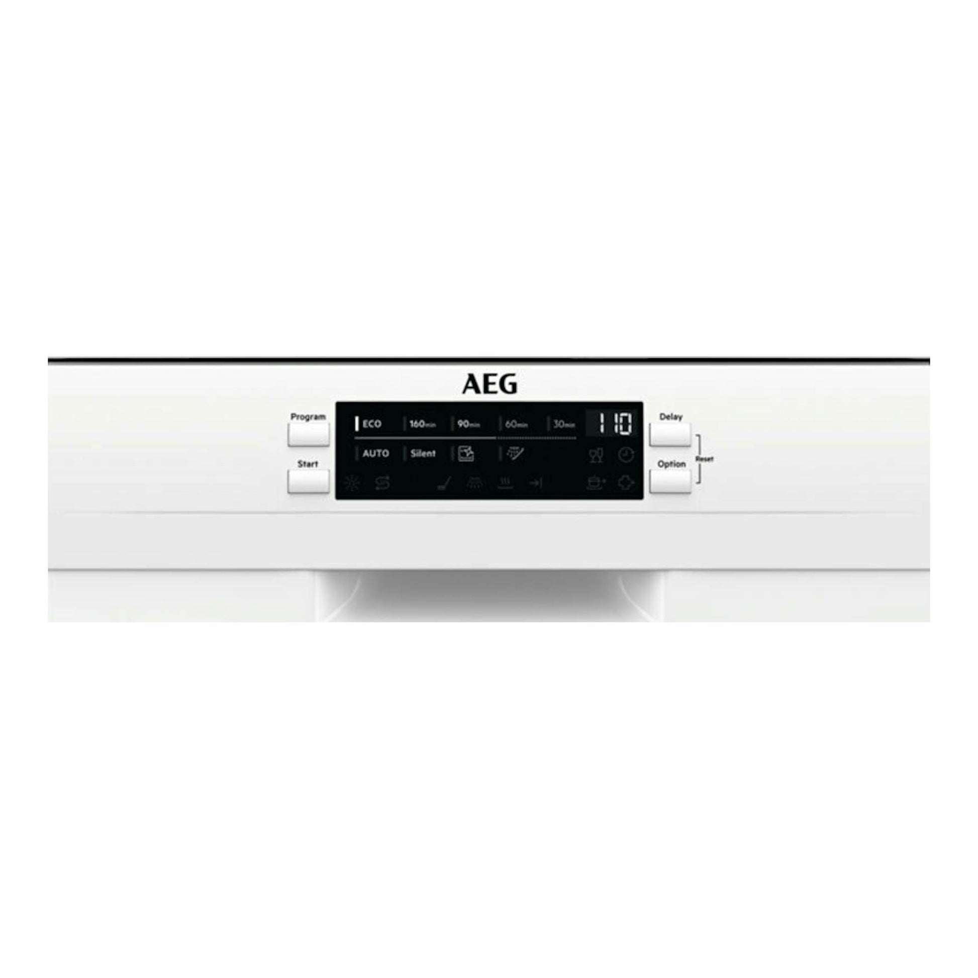 Lavavajillas AEG FFB62427ZW blanco, vista frontal con panel de control negro.