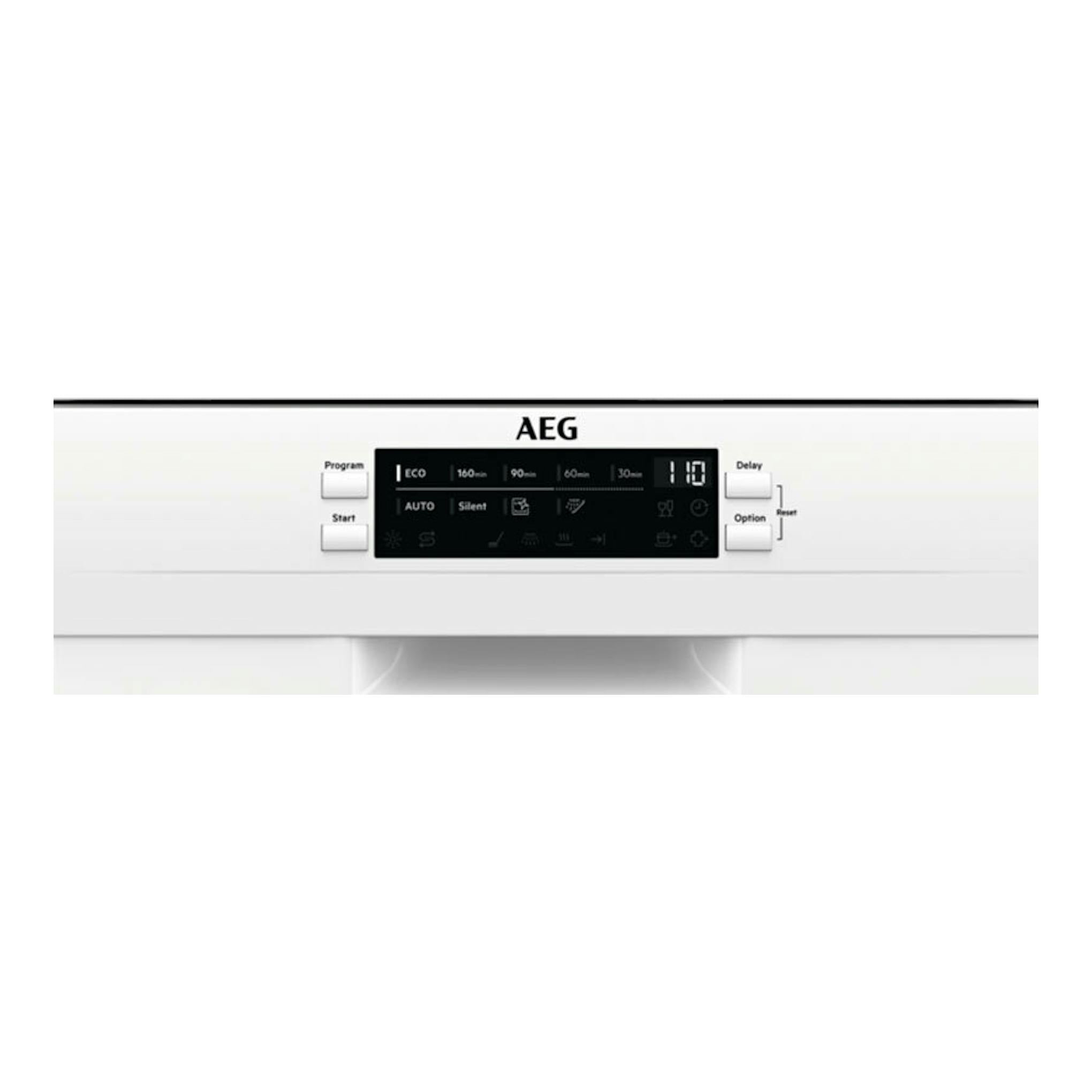 Lavavajillas AEG FFB62427ZW blanco, vista frontal con panel de control negro.
