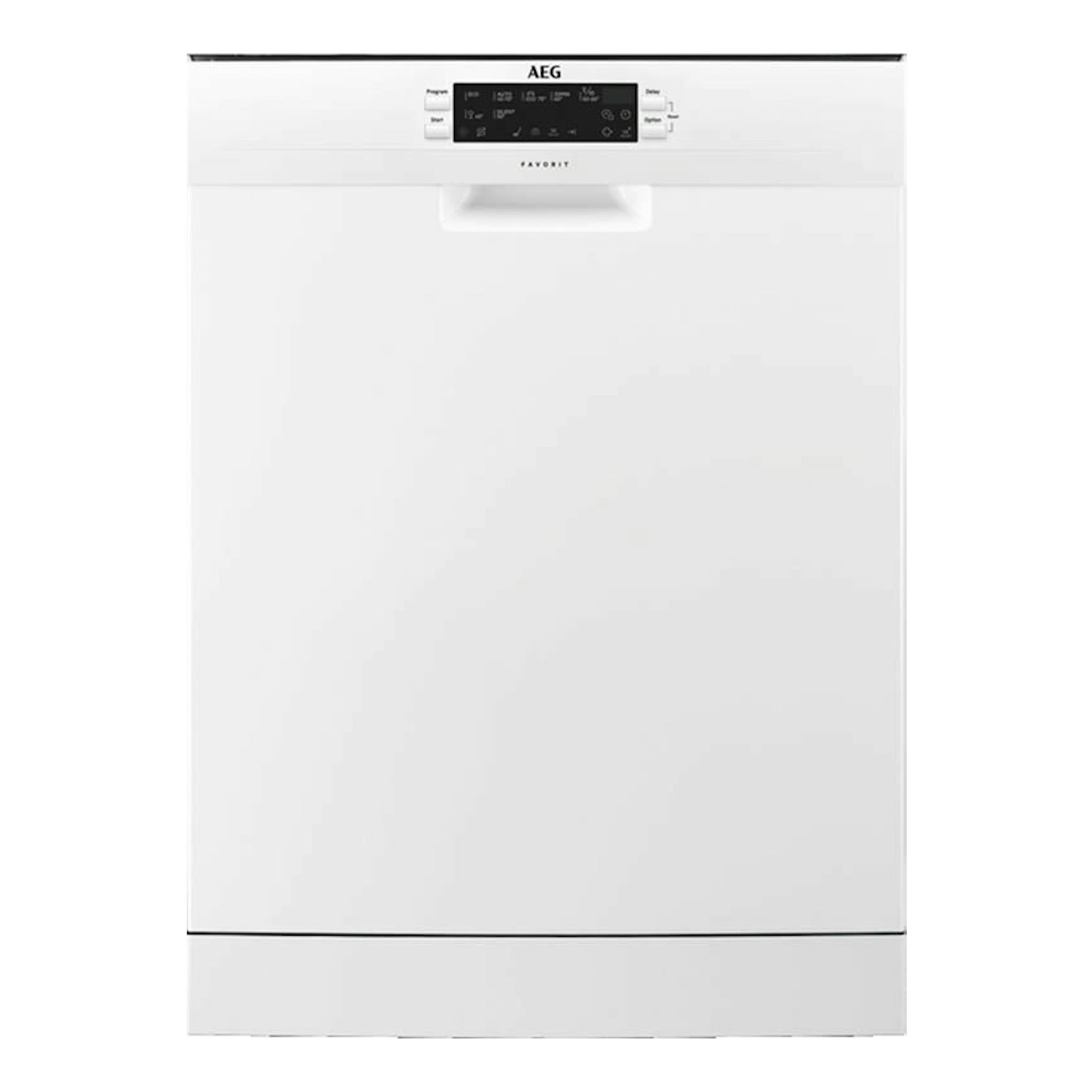 Lavavajillas AEG FFB63700PW blanco, vista frontal, con panel de control superior.