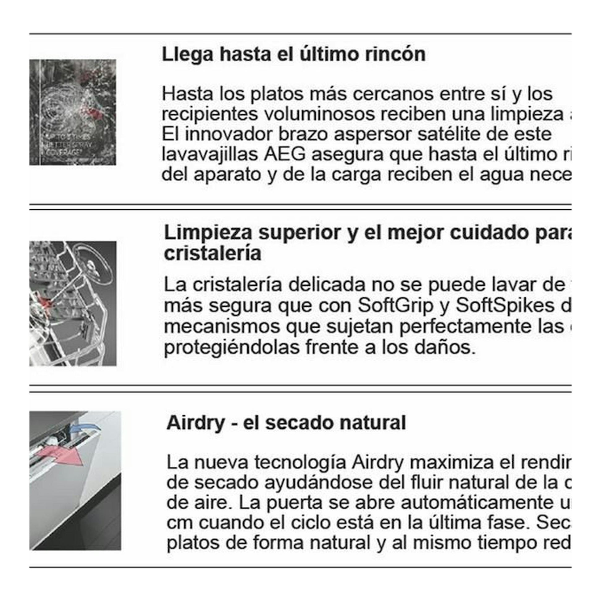 Página informativa del lavavajillas AEG FFB63700PW con textos sobre limpieza, cristalería y Airdry.