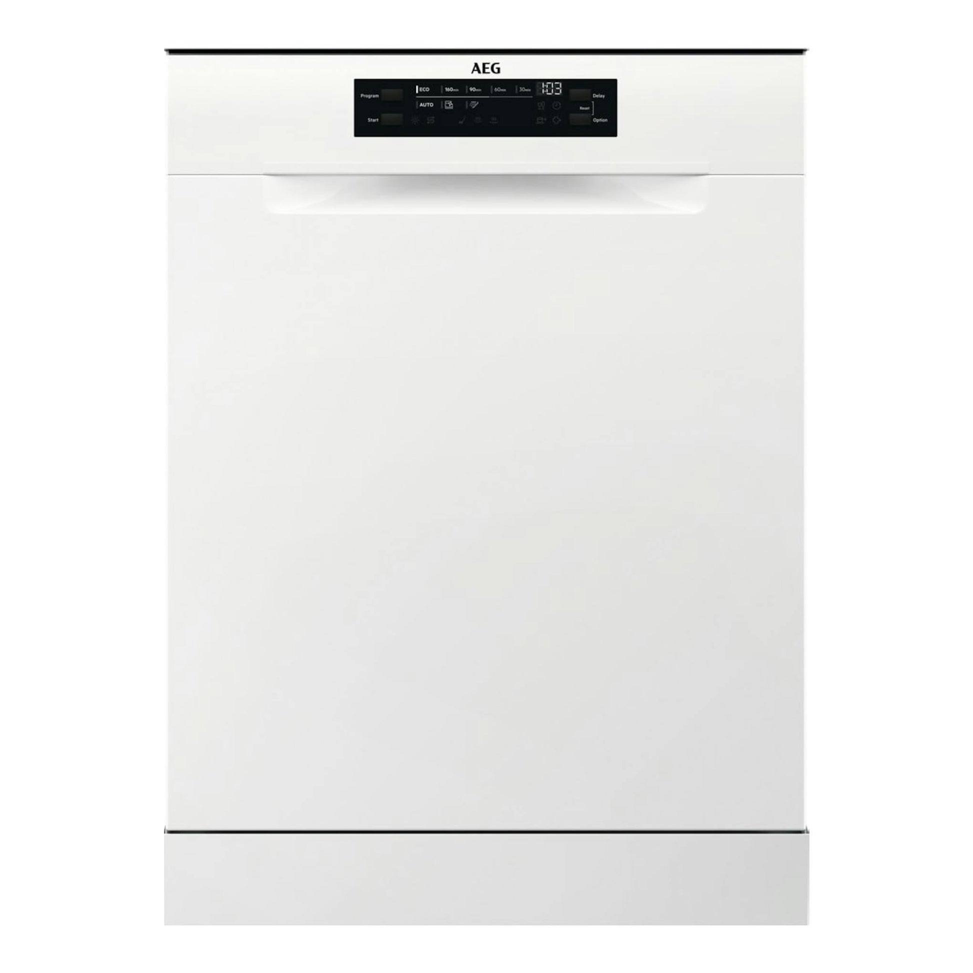 Lavavajillas AEG FFB64607ZW blanco, vista frontal, con panel de control superior.