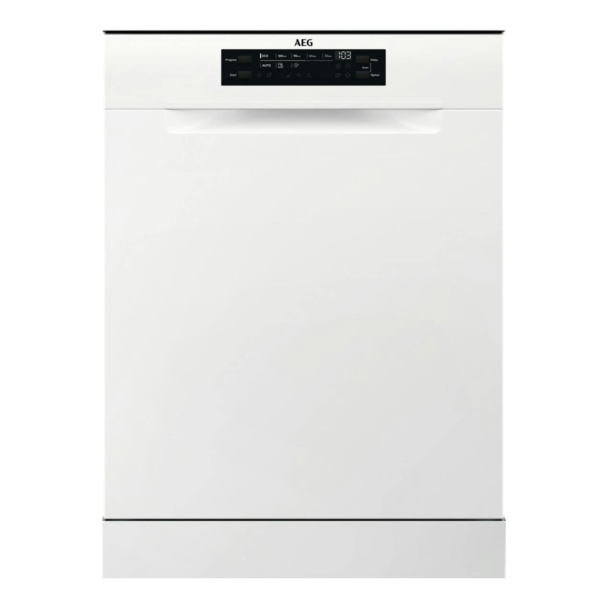 Lavavajillas AEG FFB64607ZW blanco, vista frontal, con panel de control superior.