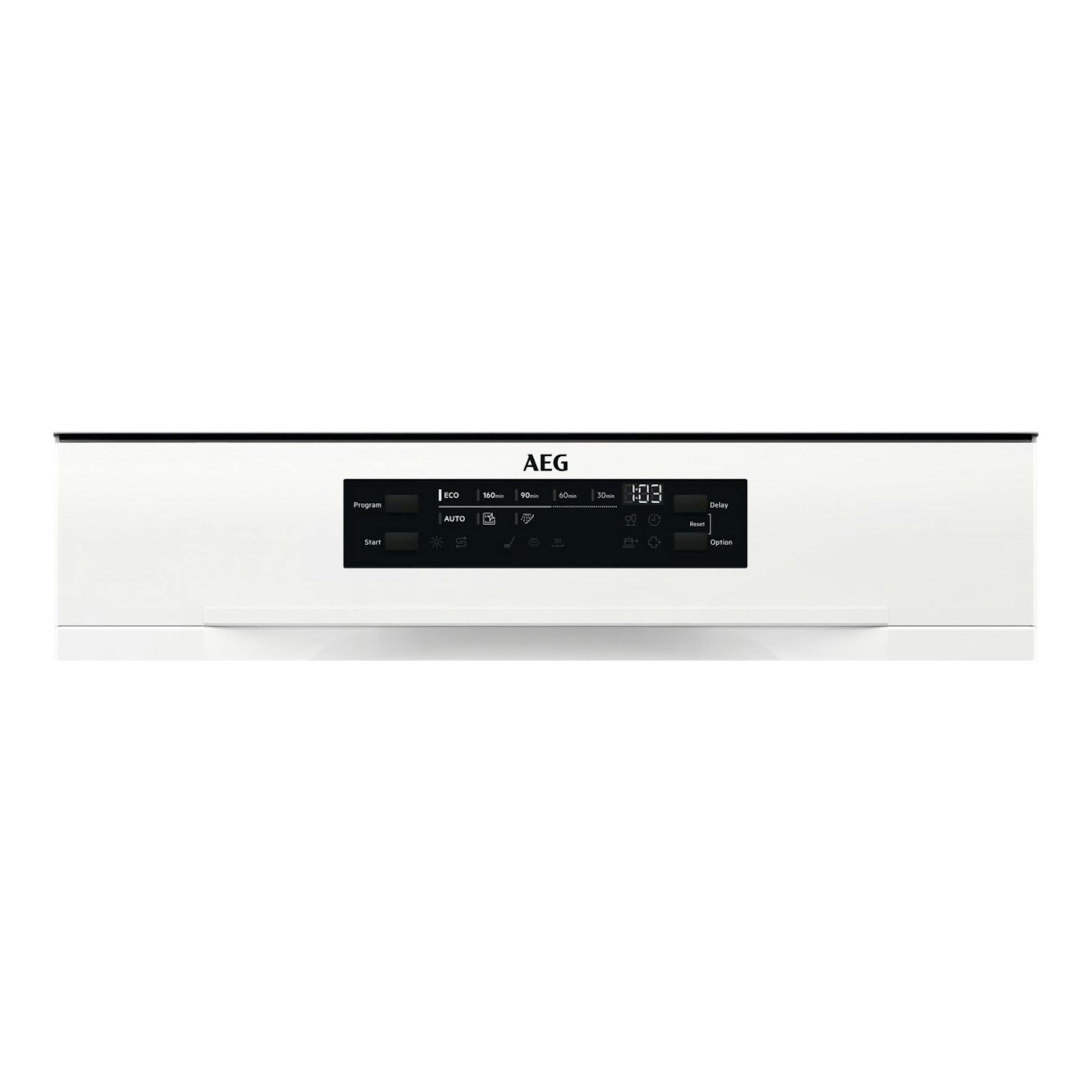 Lavavajillas AEG FFB64607ZW blanco, vista frontal, con panel de control negro superior.