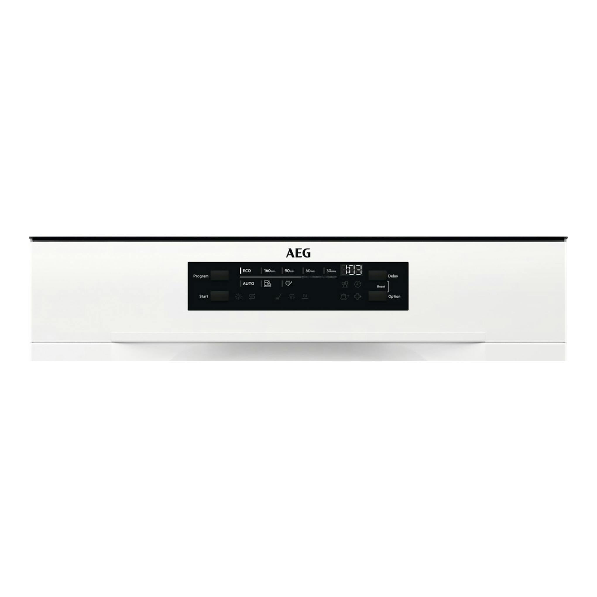 Lavavajillas AEG FFB64607ZW blanco, vista frontal, con panel de control negro superior.