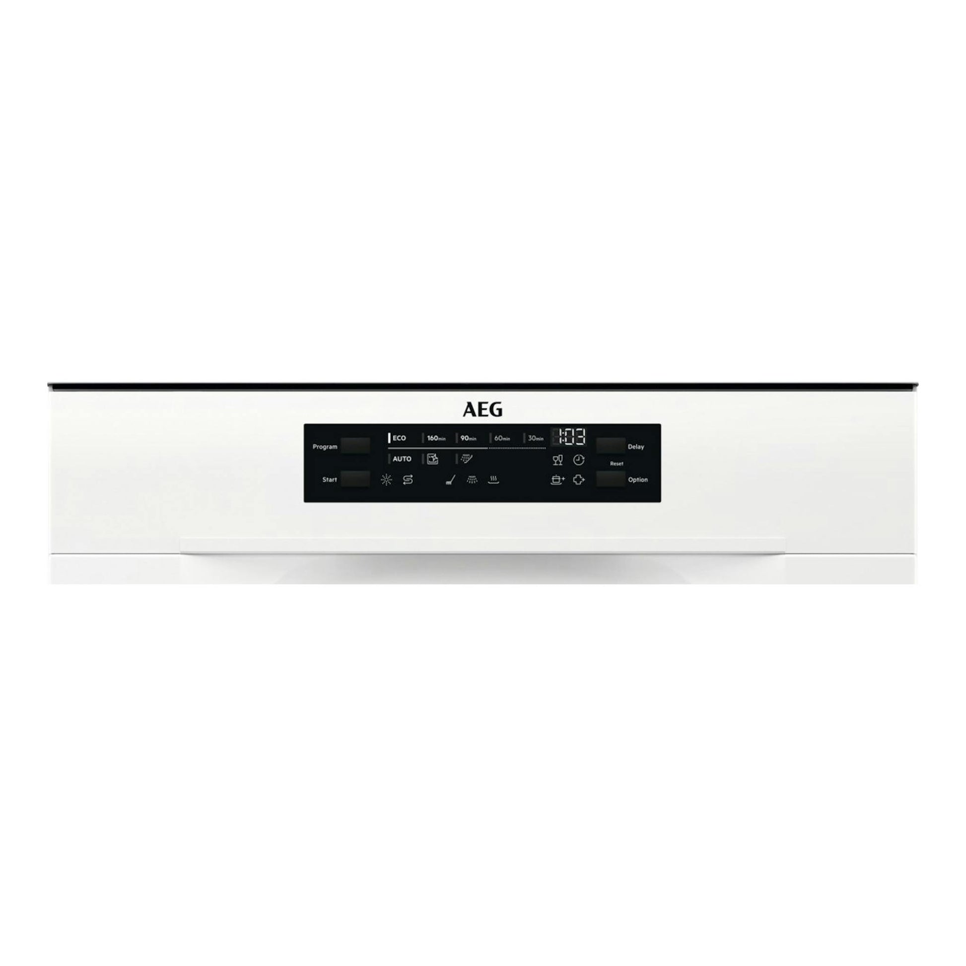 Lavavajillas AEG FFB64607ZW blanco, vista frontal, con panel de control negro centrado.