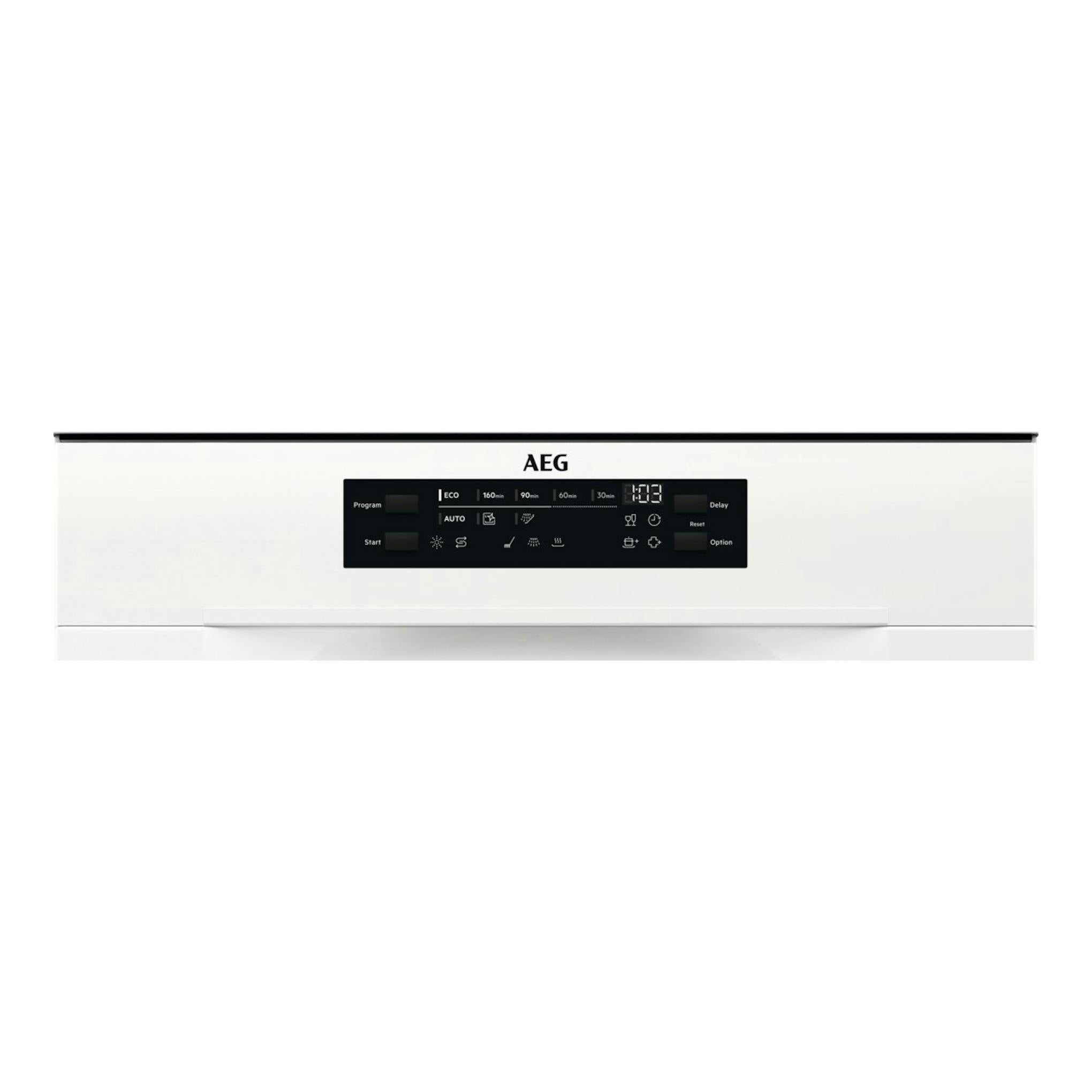 Lavavajillas AEG FFB64607ZW blanco, vista frontal, con panel de control negro centrado.