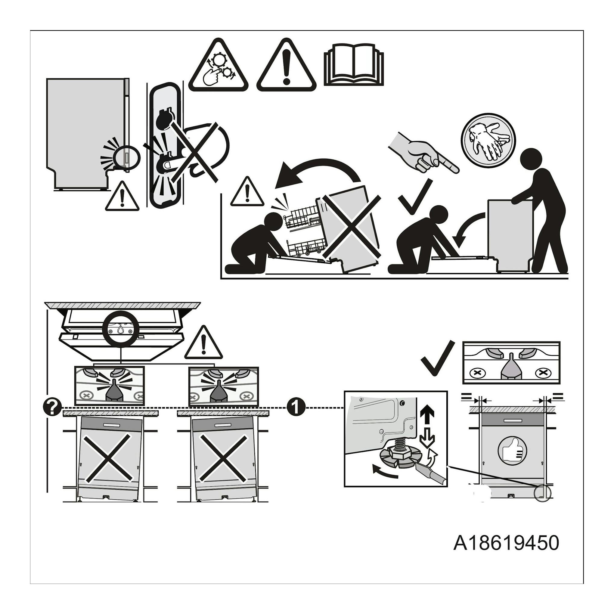 AEG FFB64607ZW: hoja de instrucciones de instalación de lavavajillas blanco, con diagramas y señales de aviso.