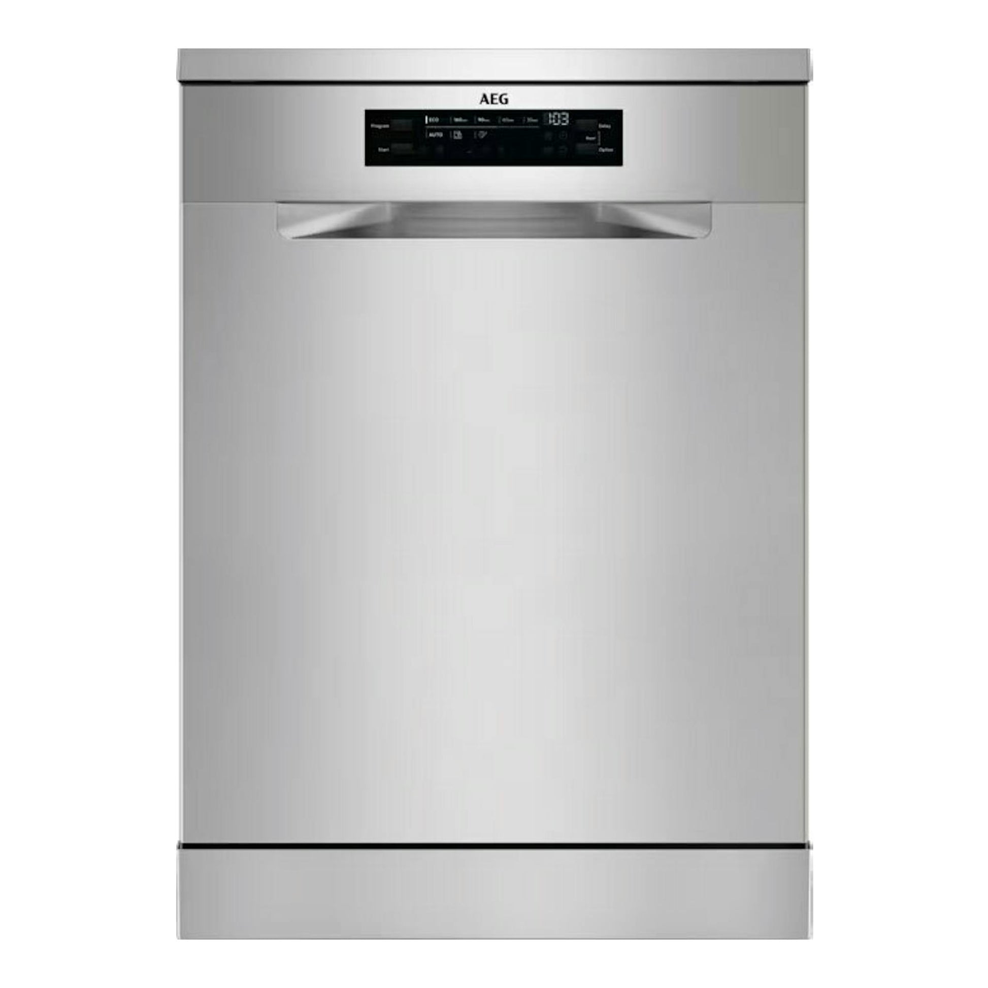 Lavavajillas AEG FFB64617ZM en acero inoxidable, vista frontal, con panel de control superior.