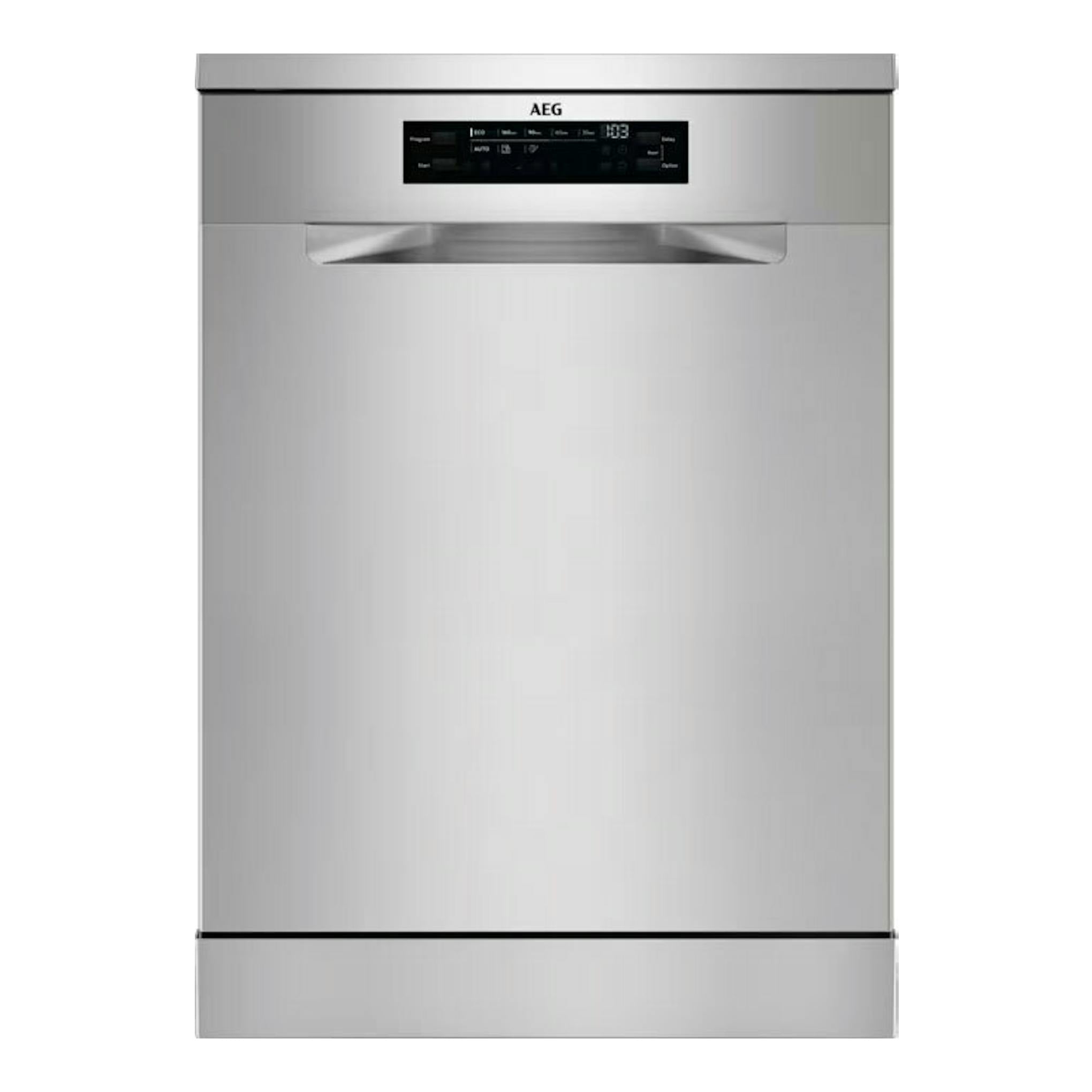 Lavavajillas AEG FFB64617ZM en acero inoxidable, vista frontal, con panel de control superior.