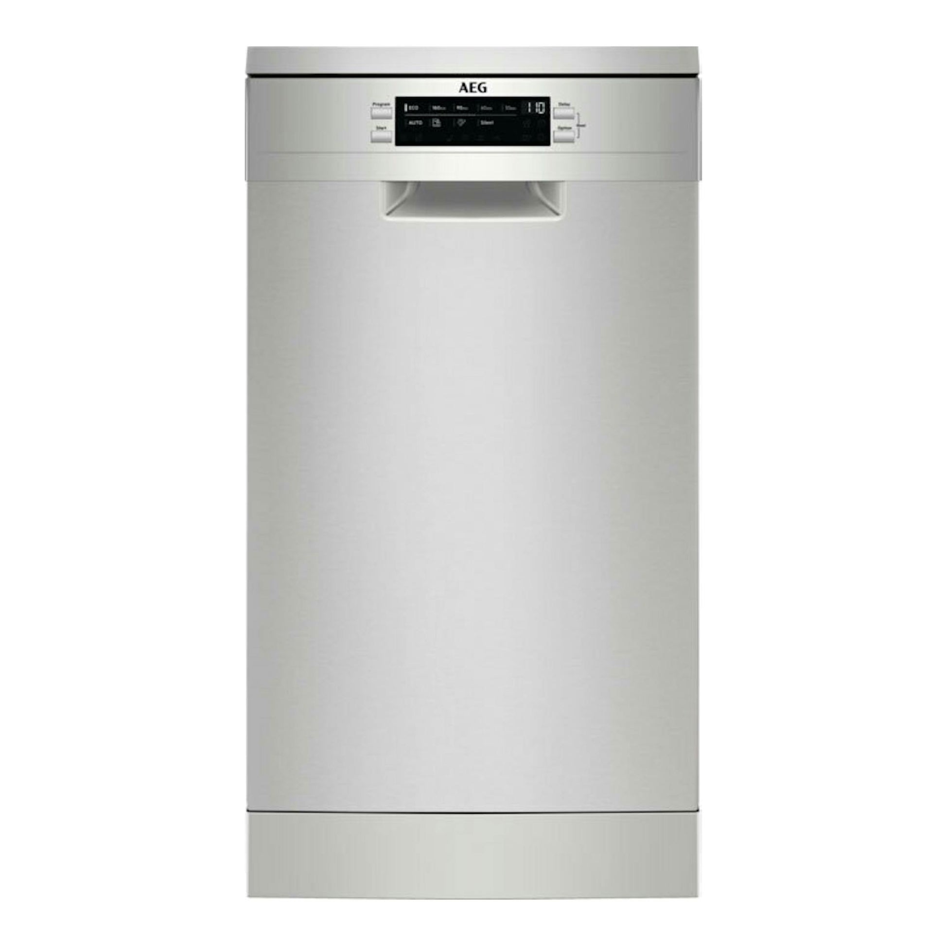 Lavavajillas AEG FFB73527ZM de 45 cm, acabado inox, vista frontal.
