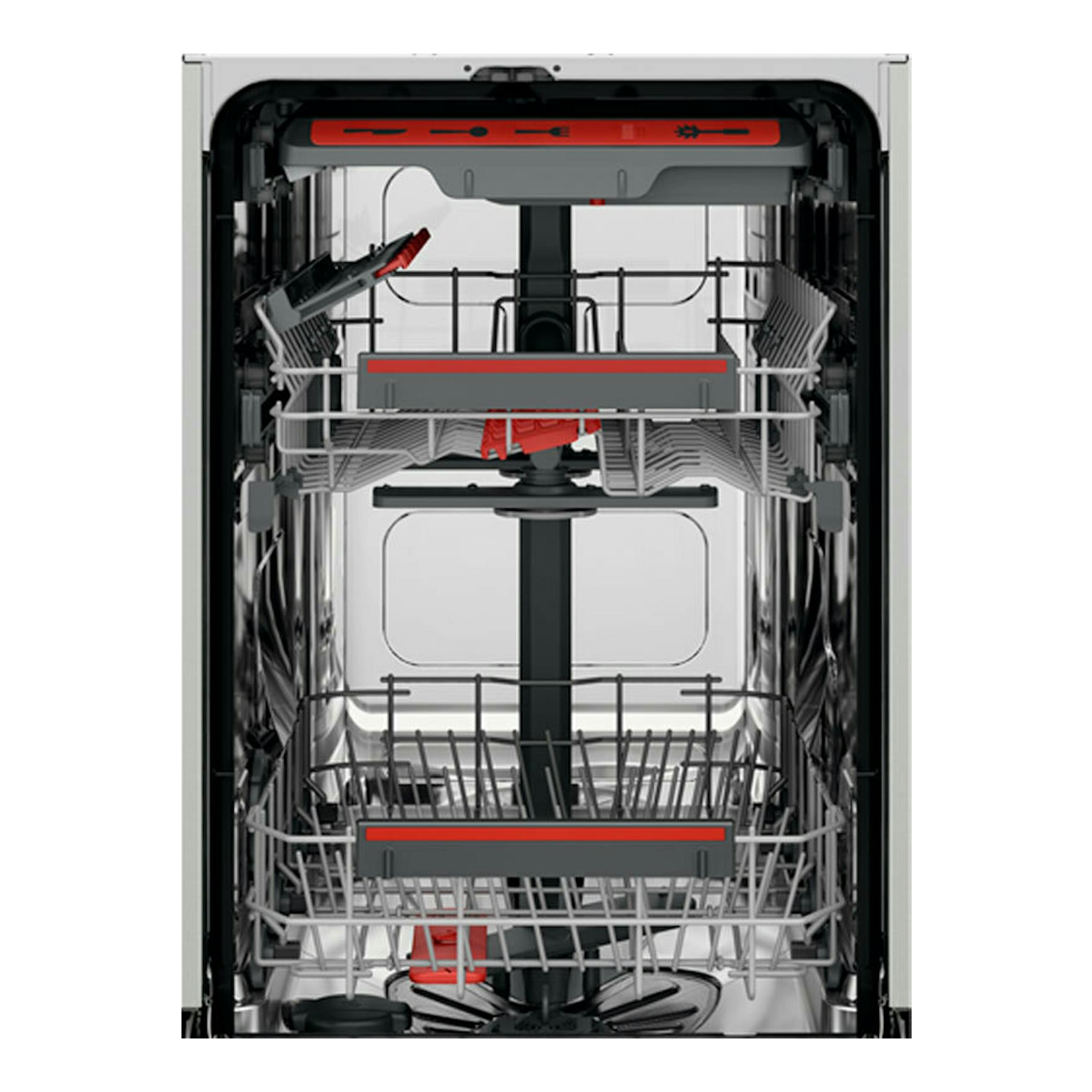 Interior de lavavajillas AEG FFB73527ZM de 45 cm, vista frontal con cestas y brazos rociadores grises y rojos.