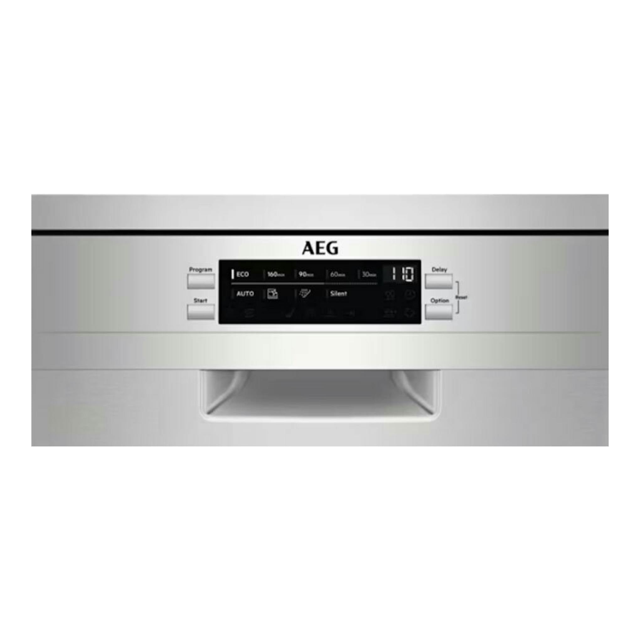 Lavavajillas AEG FFB73527ZM, vista frontal en acero inoxidable con panel de control negro.