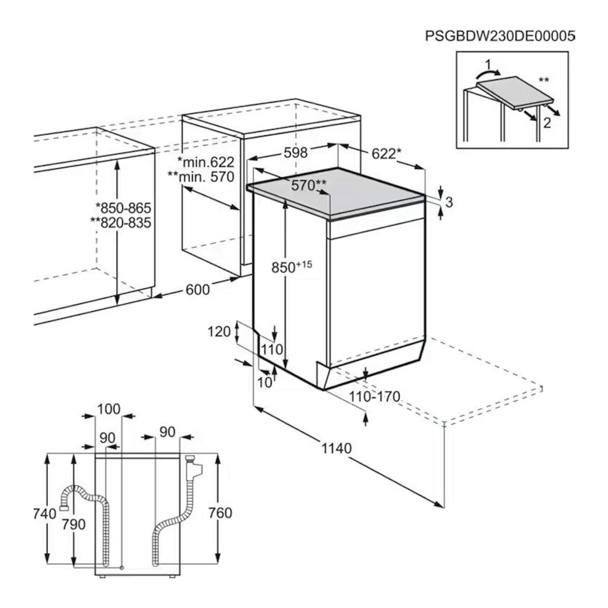 Lavavajillas AEG FFB74917ZW 60 cm, esquema técnico en blanco y negro con medidas de instalación.
