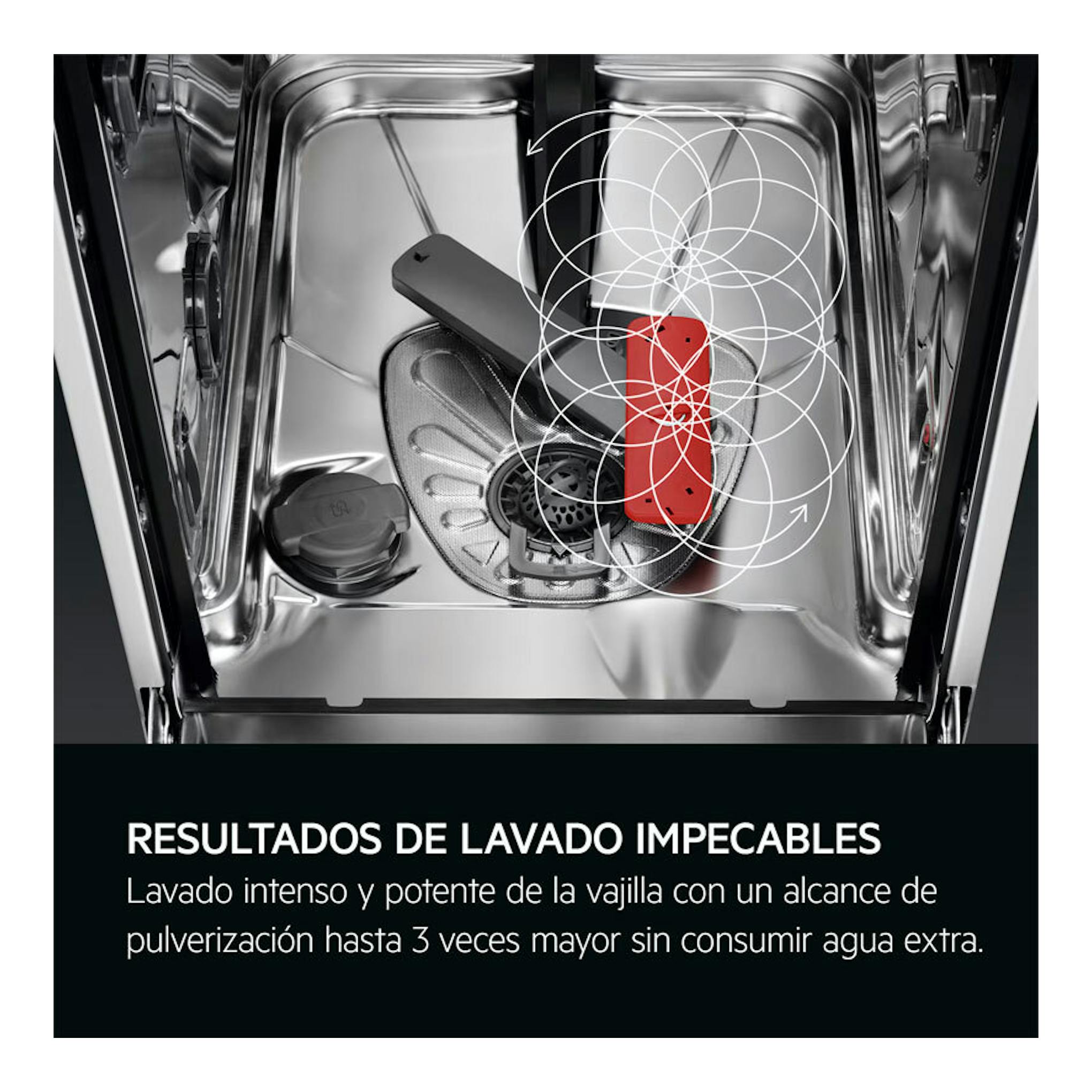 Lavavajillas AEG FFB74917ZW de 60 cm, vista interior de acero inoxidable con brazo pulverizador y círculos de pulverización.