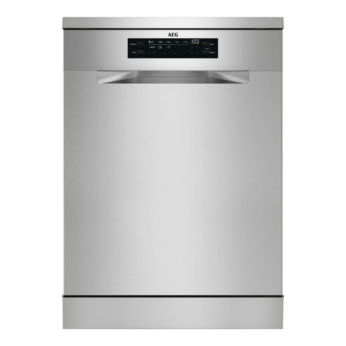 Lavavajillas AEG FFB74927ZM en inox, vista frontal, con panel de control superior.