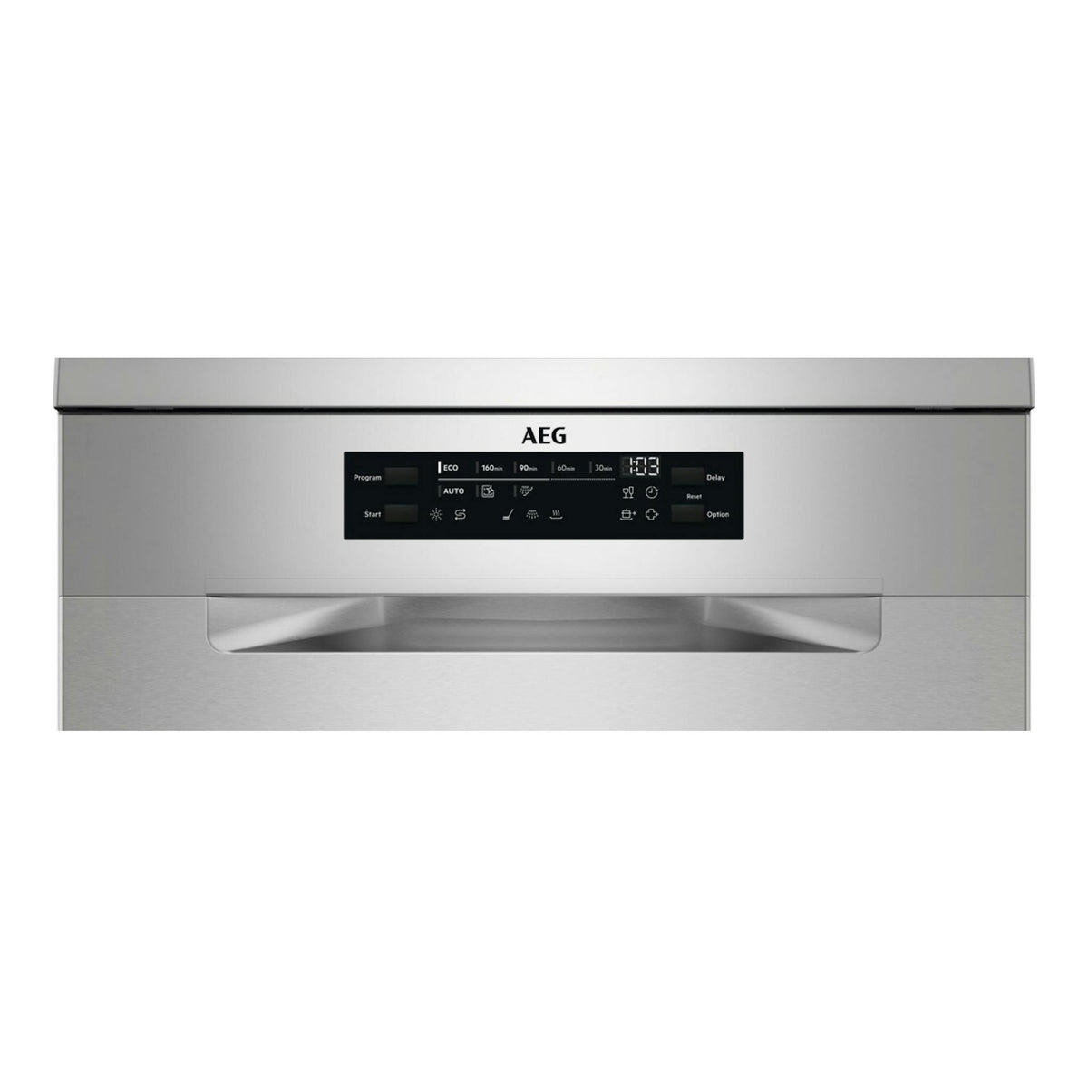 Lavavajillas AEG FFB74927ZM, vista frontal, acabado inox, con panel de control negro.