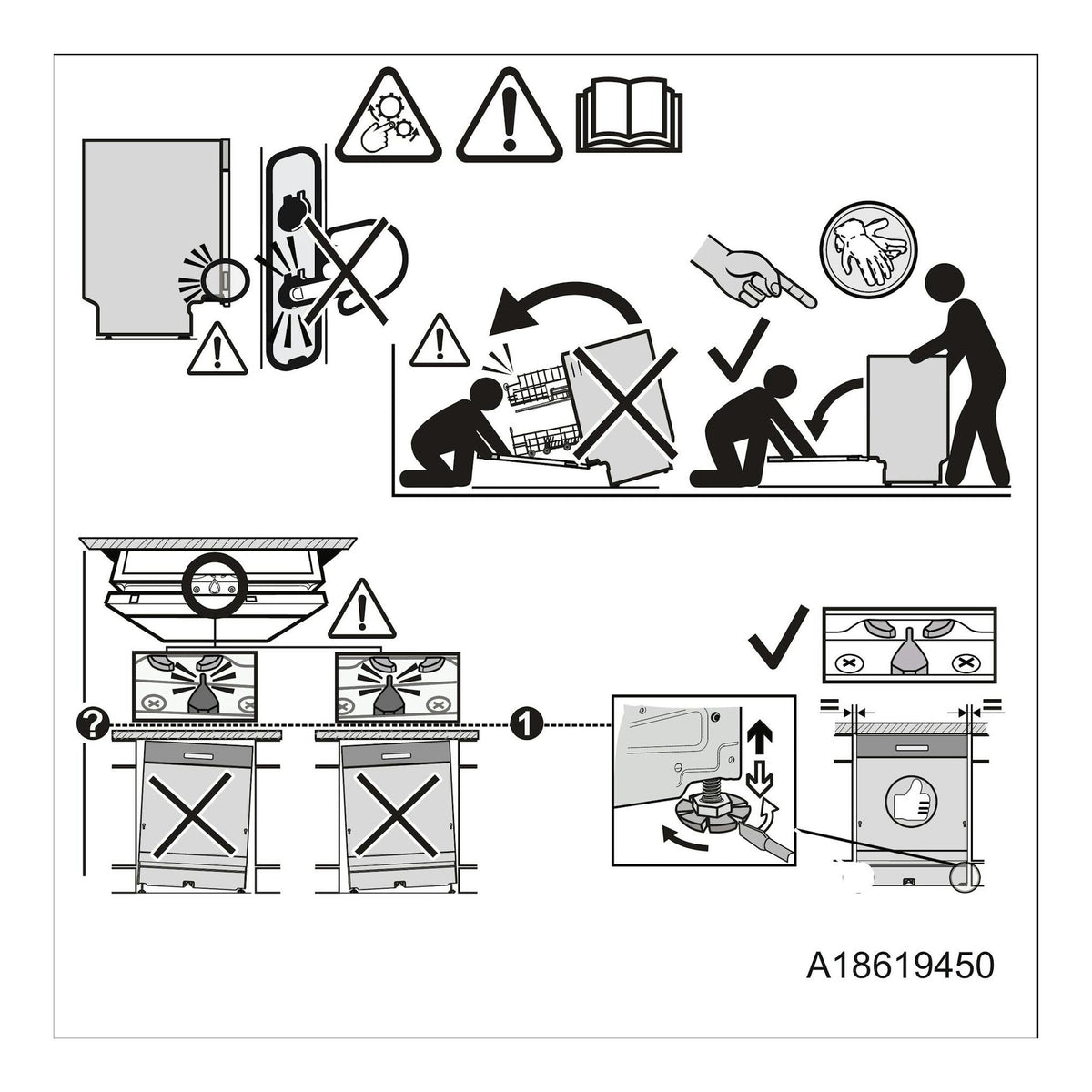 Diagrama de instalación del lavavajillas AEG FFB74927ZW, con esquemas de ajuste, nivelación y advertencias.