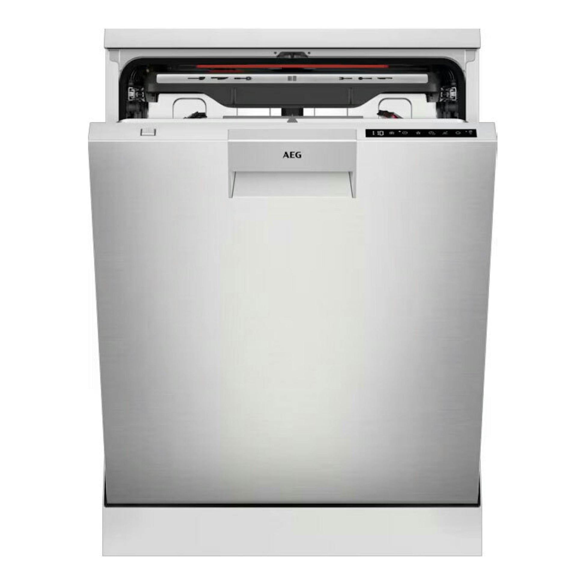 Lavavajillas AEG FFB75717PM de 60 cm, acero inoxidable, vista frontal con la puerta superior abierta.