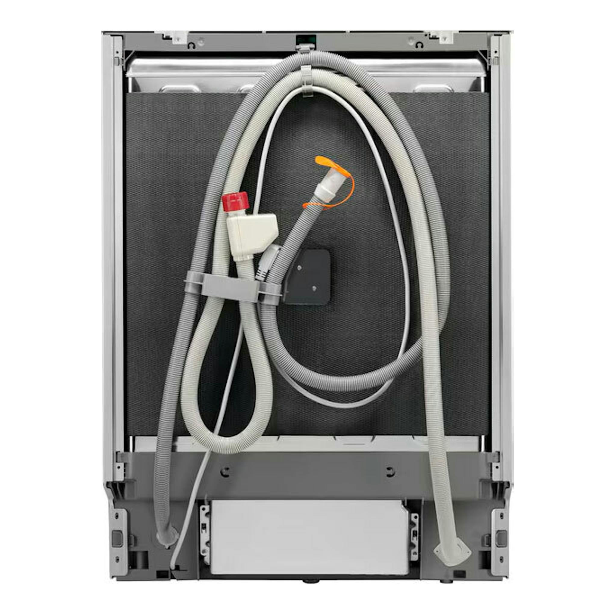 AEG FFB75717PW 60 cm, lavavajillas empotrable blanco, vista trasera con mangueras y conexiones visibles.