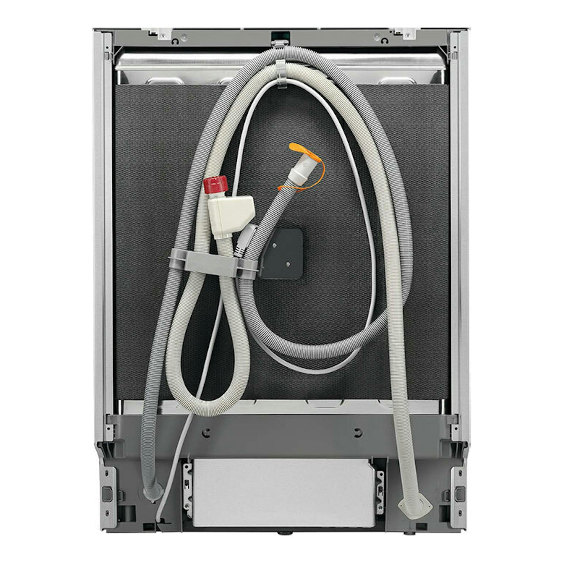 Lavavajillas AEG FFB76717PW de 60 cm, vista trasera con mangueras, cables y conexiones grises.