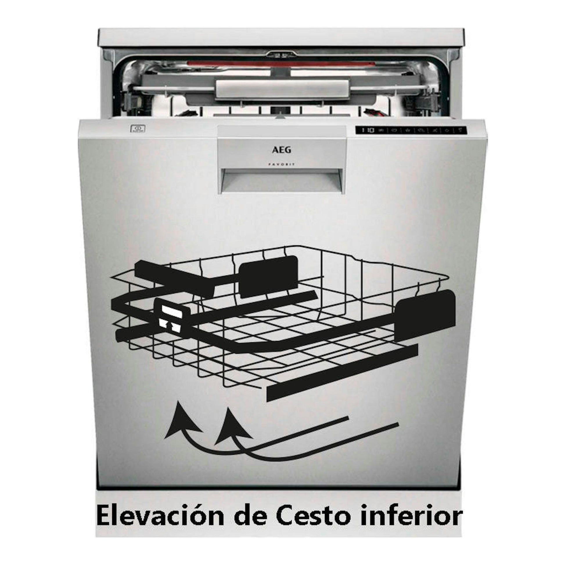 Lavavajillas AEG FFB83806PM en acero inoxidable, vista frontal con la puerta abierta y cesto inferior elevado.