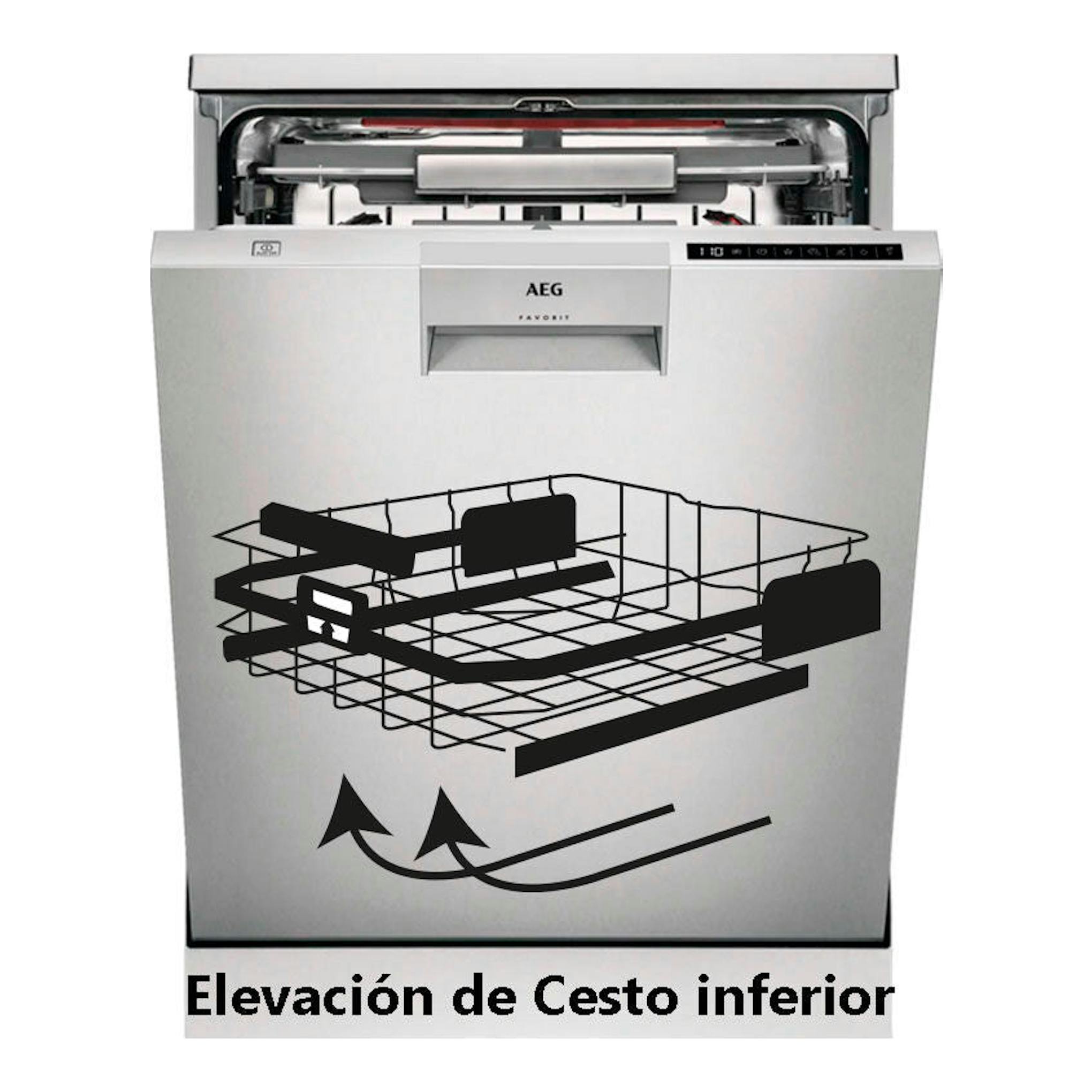 Lavavajillas AEG FFB83806PM en acero inoxidable, vista frontal con la puerta abierta y cesto inferior elevado.