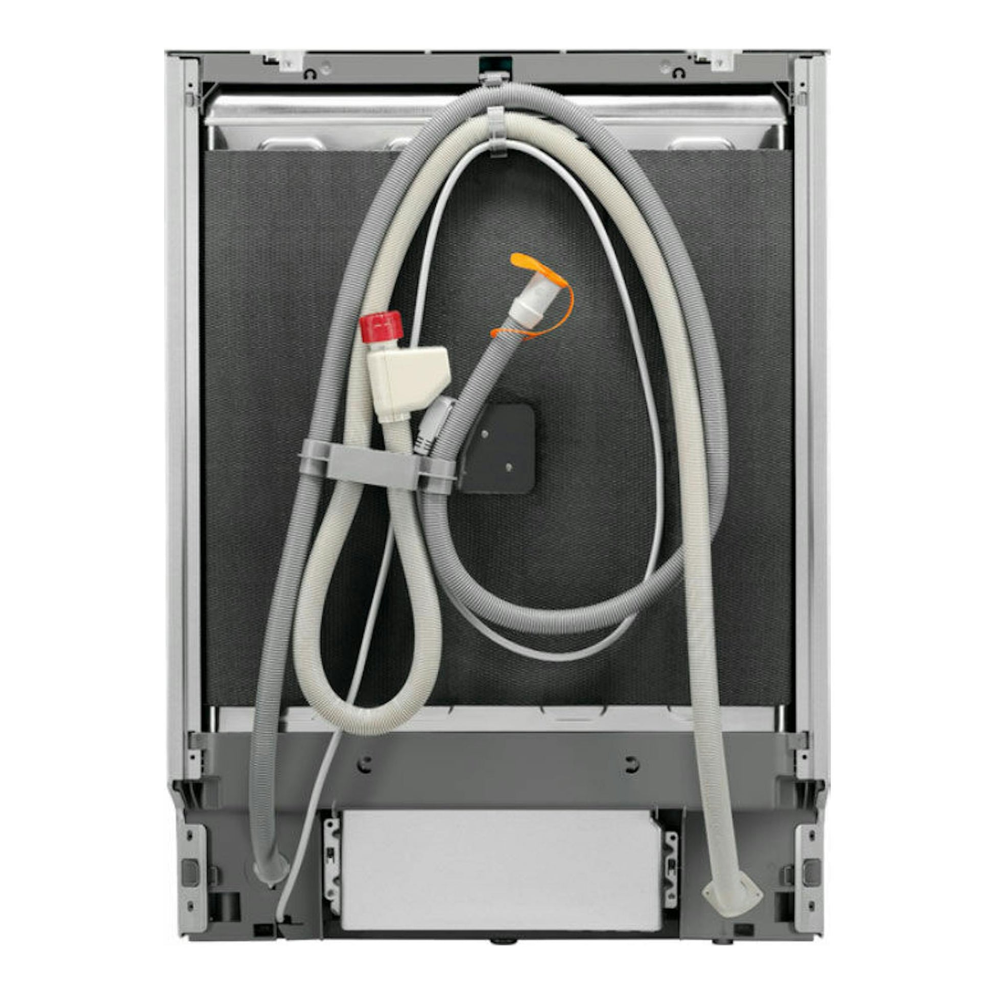 Lavavajillas AEG FFB83816PM de 60 cm, vista trasera con mangueras y conexiones grises.