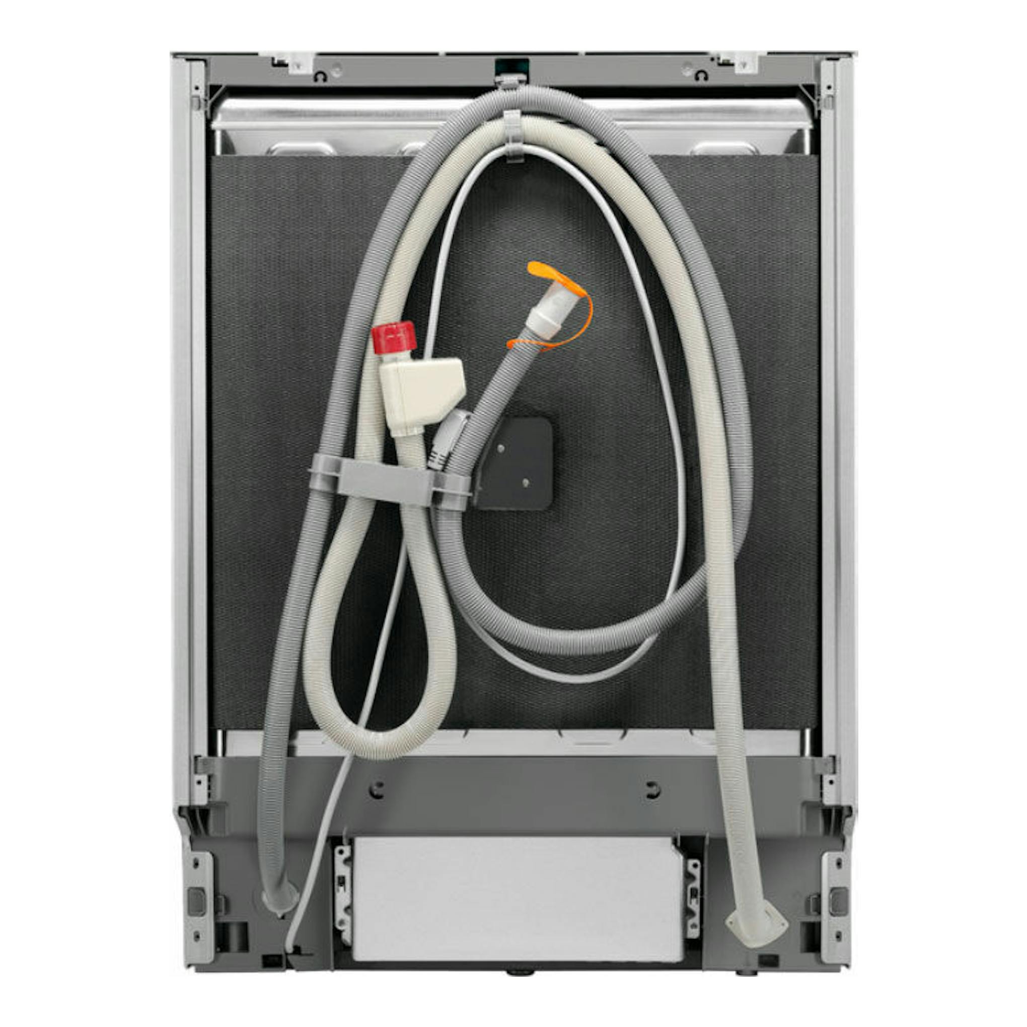 Lavavajillas AEG FFB83816PM de 60 cm, vista trasera con mangueras y conexiones grises.