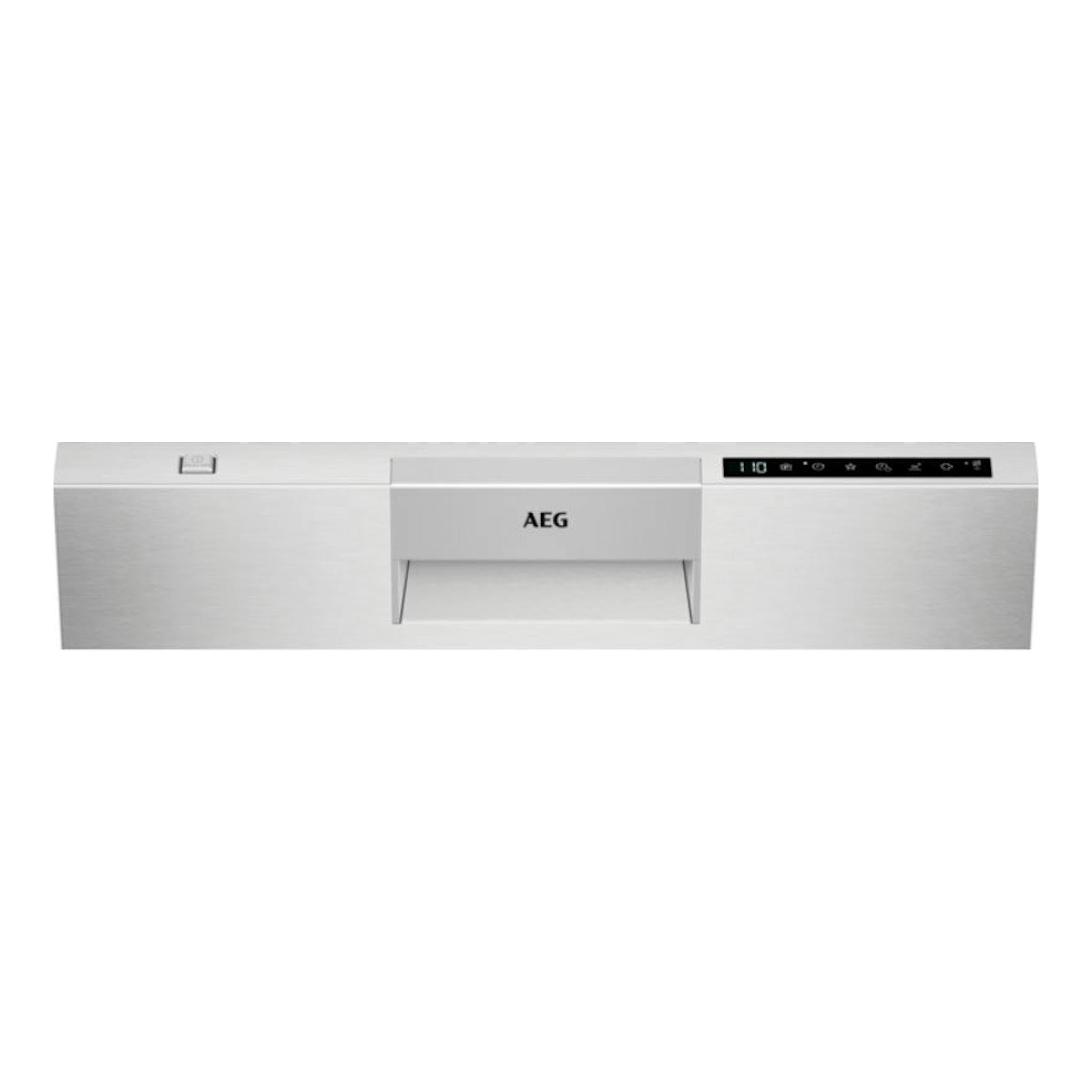Lavavajillas AEG FFB83816PM de acero inoxidable, vista frontal con panel de control superior.
