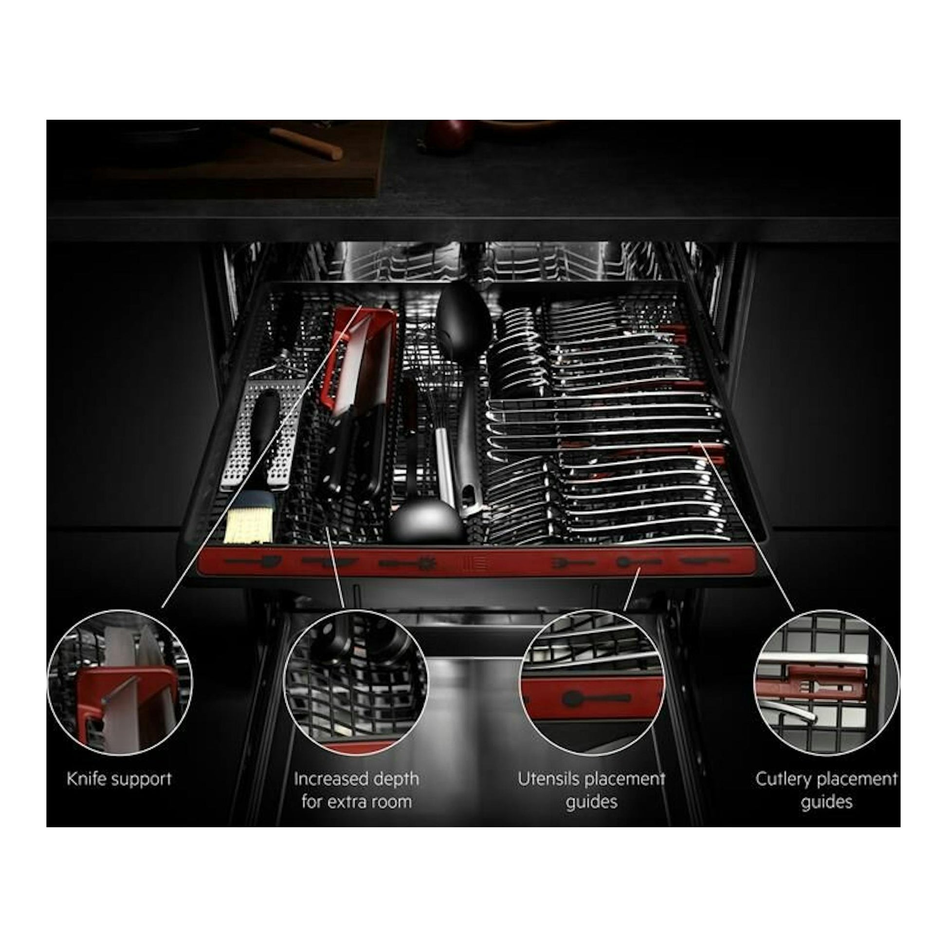 Lavavajillas AEG FSE74707P 60 cm, vista interior del cesto con cubiertos y guías rojas.