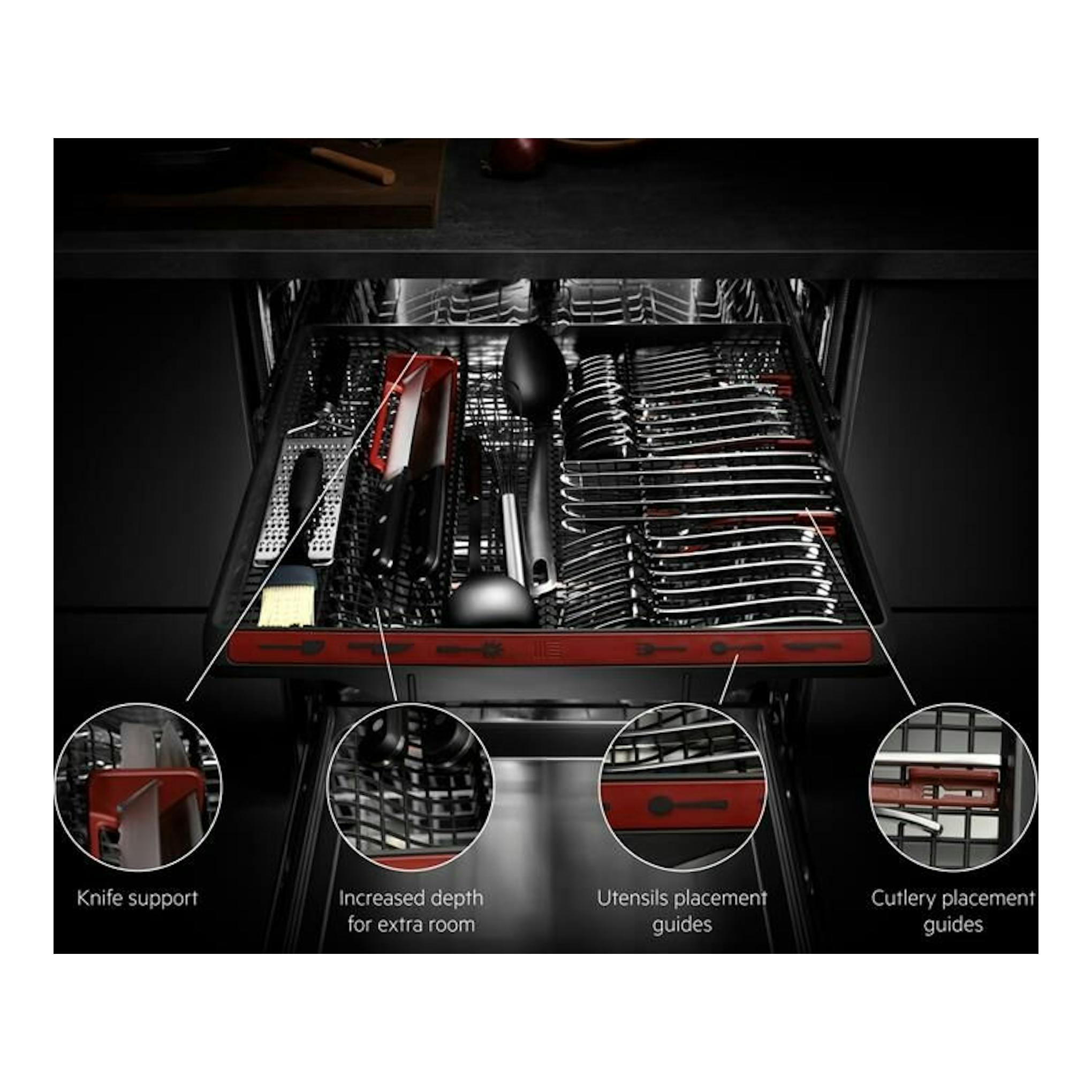 Lavavajillas AEG FSE74707P 60 cm, vista interior del cesto con cubiertos y guías rojas.