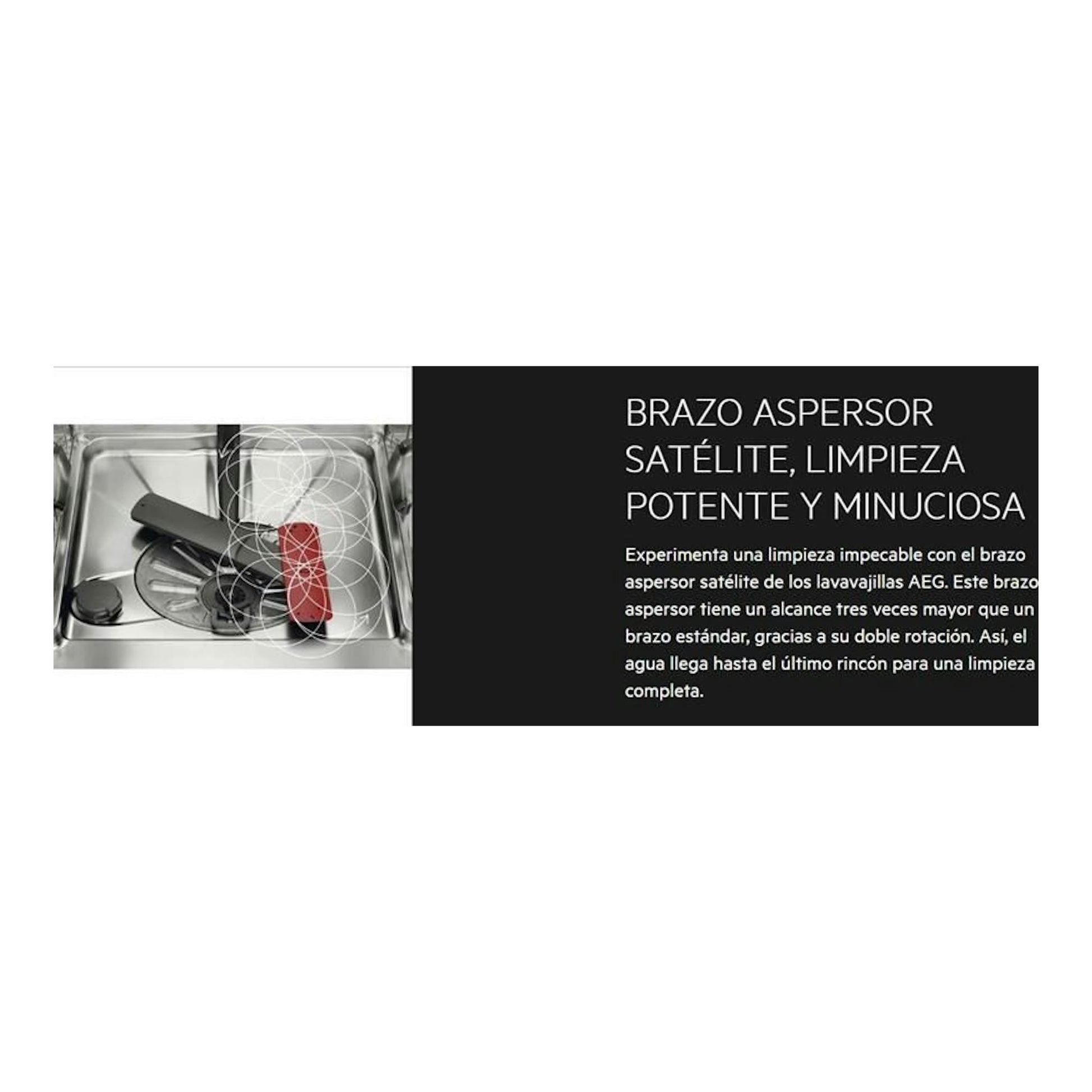 Imagen promocional de un lavavajillas AEG por dentro, con brazo aspersor satélite y texto en negro.