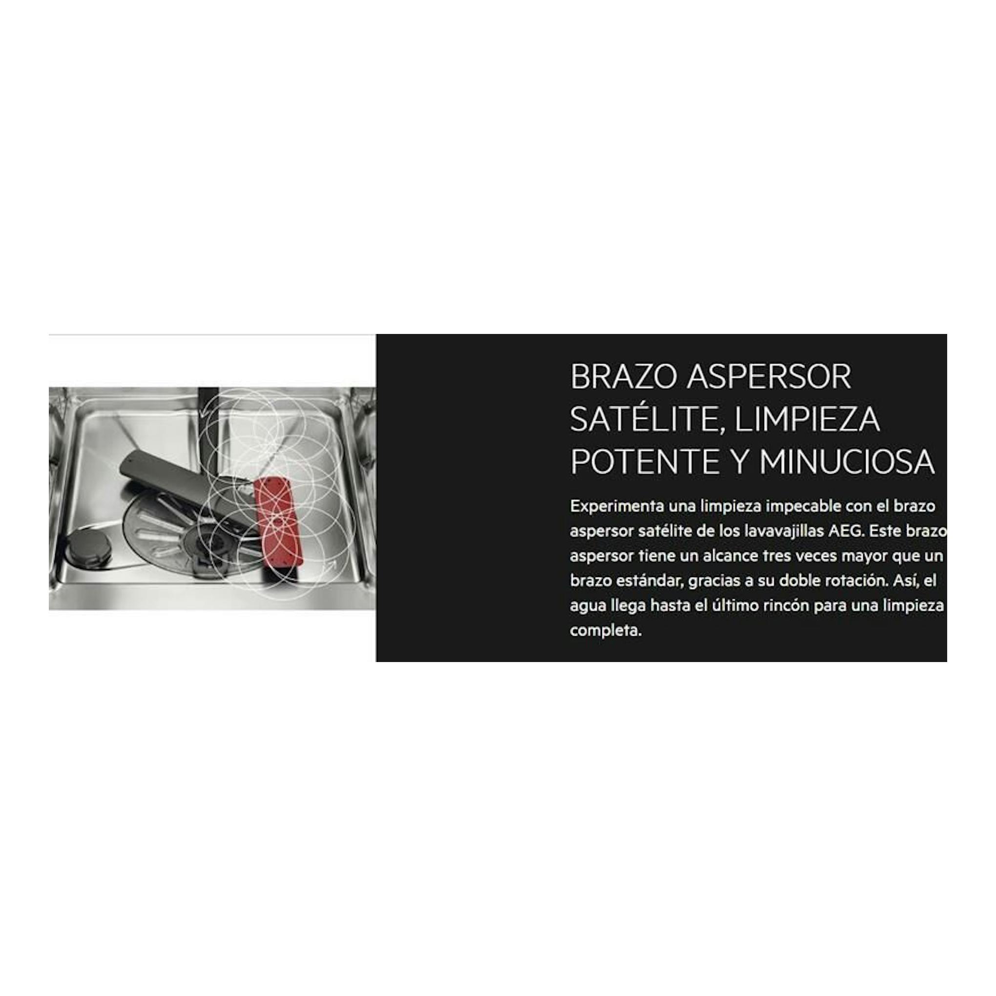 Imagen promocional de un lavavajillas AEG por dentro, con brazo aspersor satélite y texto en negro.