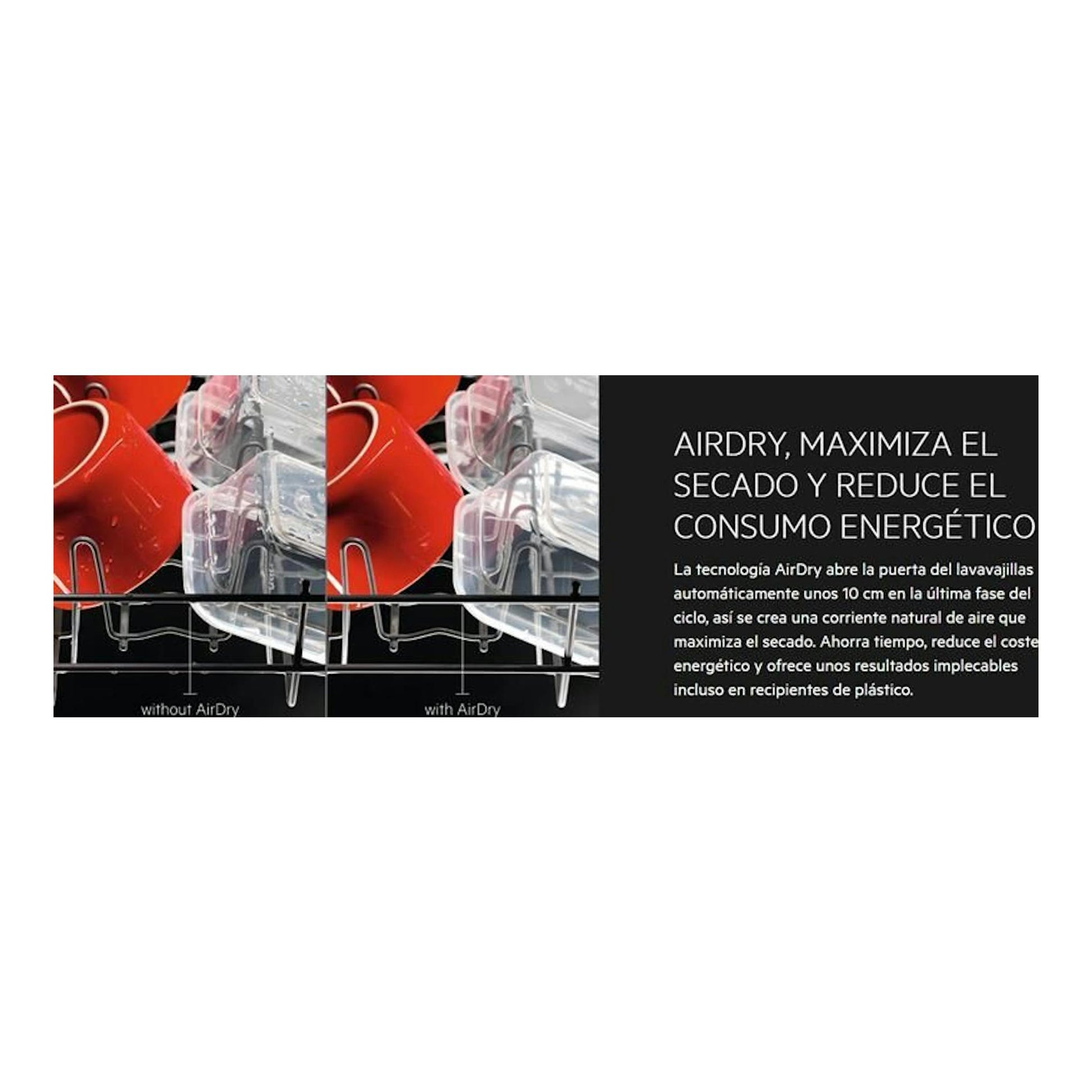 AEG FSE74707P: gráfico comparativo de secado AirDry en lavavajillas, con vasos rojos y texto informativo.