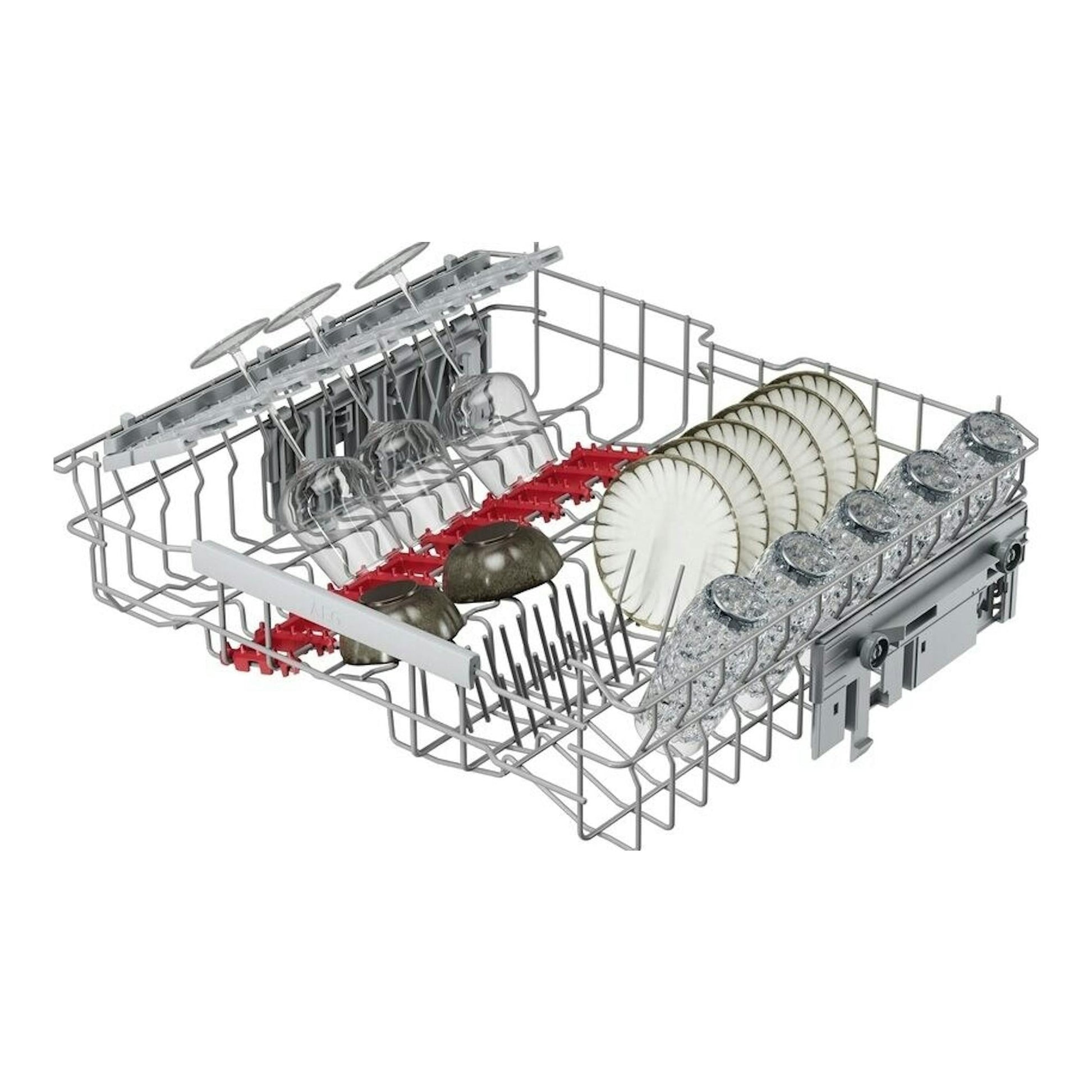 Cesta inferior de lavavajillas AEG GI6200B2SC, vista en perspectiva, con platos y copas.