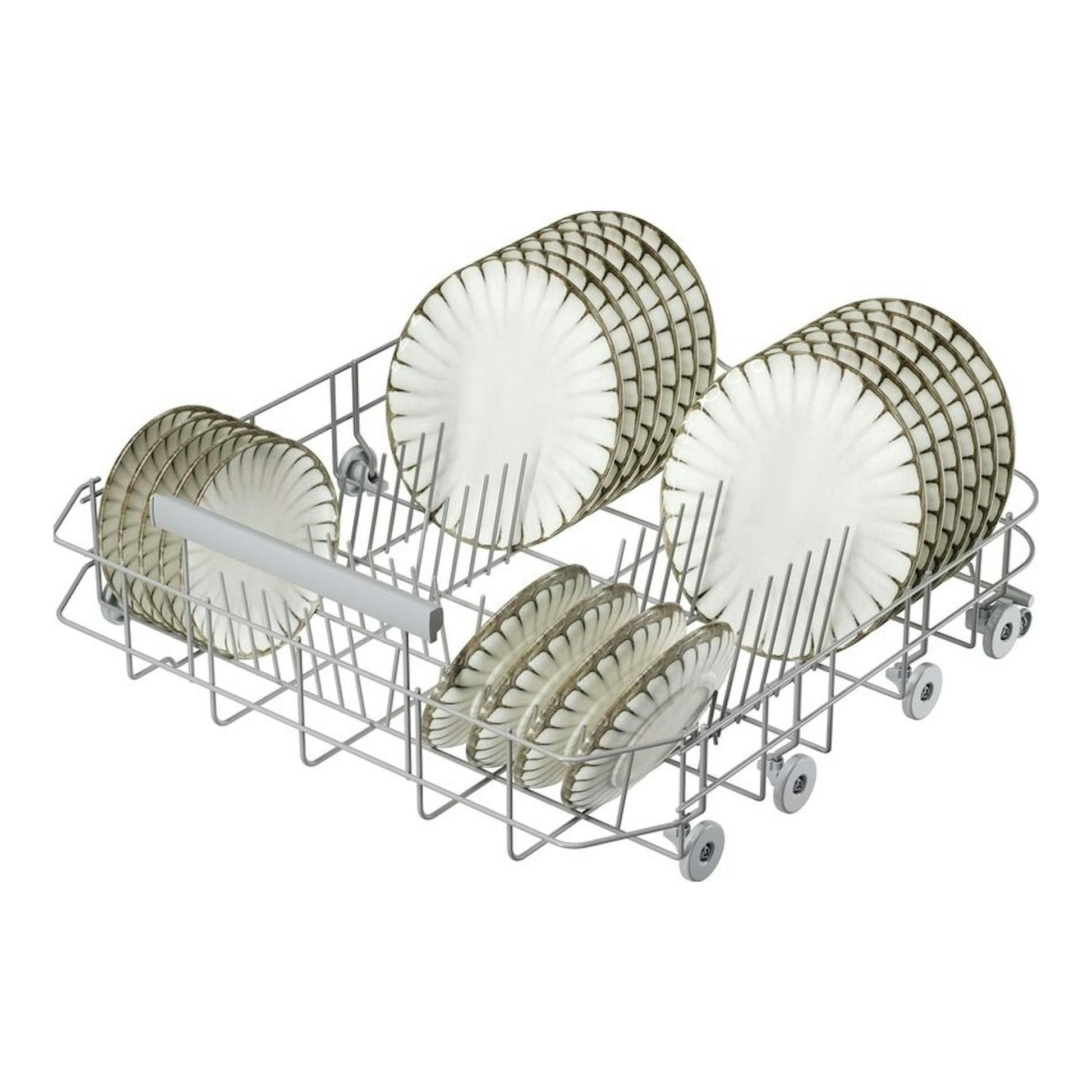 Cesta de lavavajillas AEG GI6200B2SC con platos, vista en ángulo sobre fondo blanco.