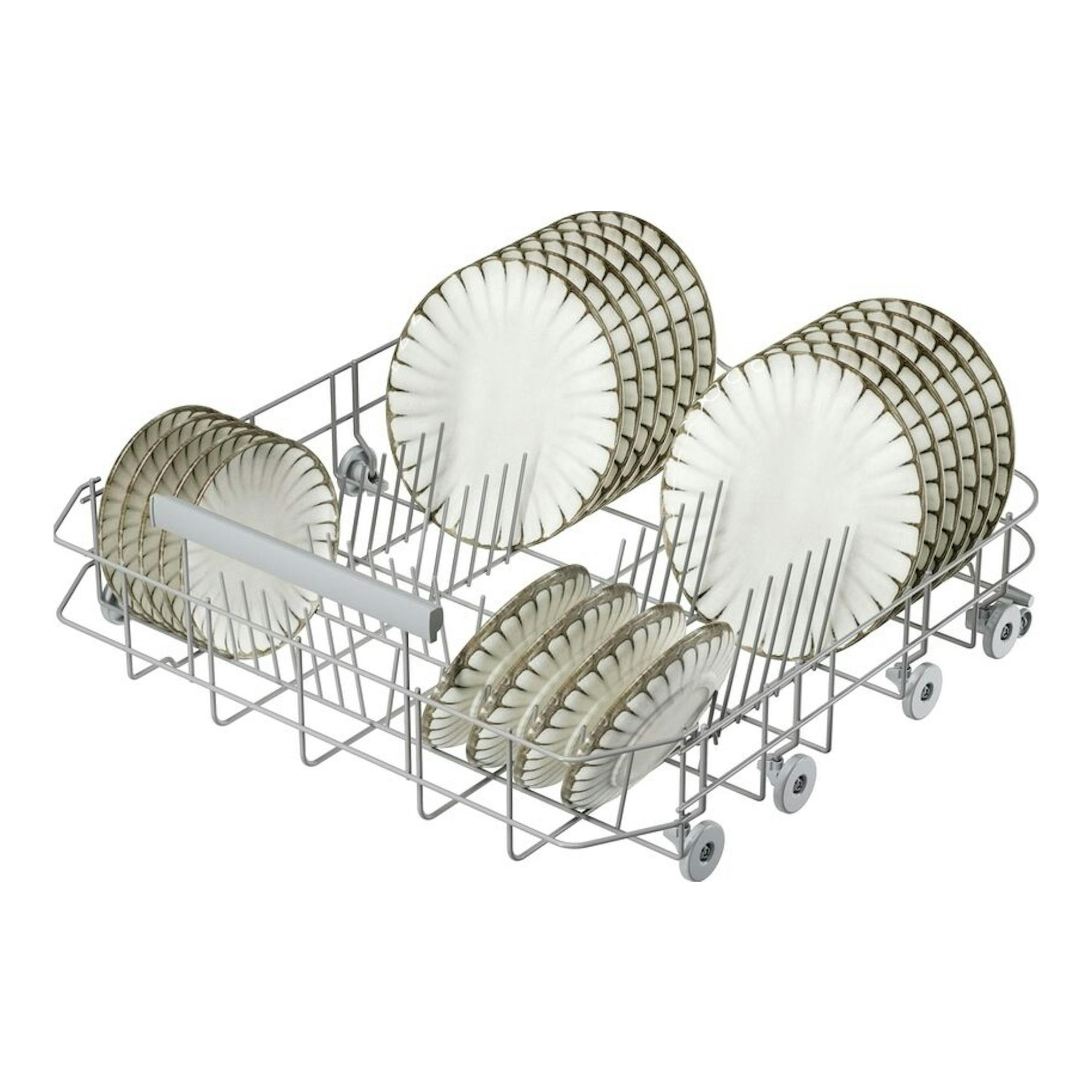Cesta de lavavajillas AEG GI6200B2SC con platos, vista en ángulo sobre fondo blanco.