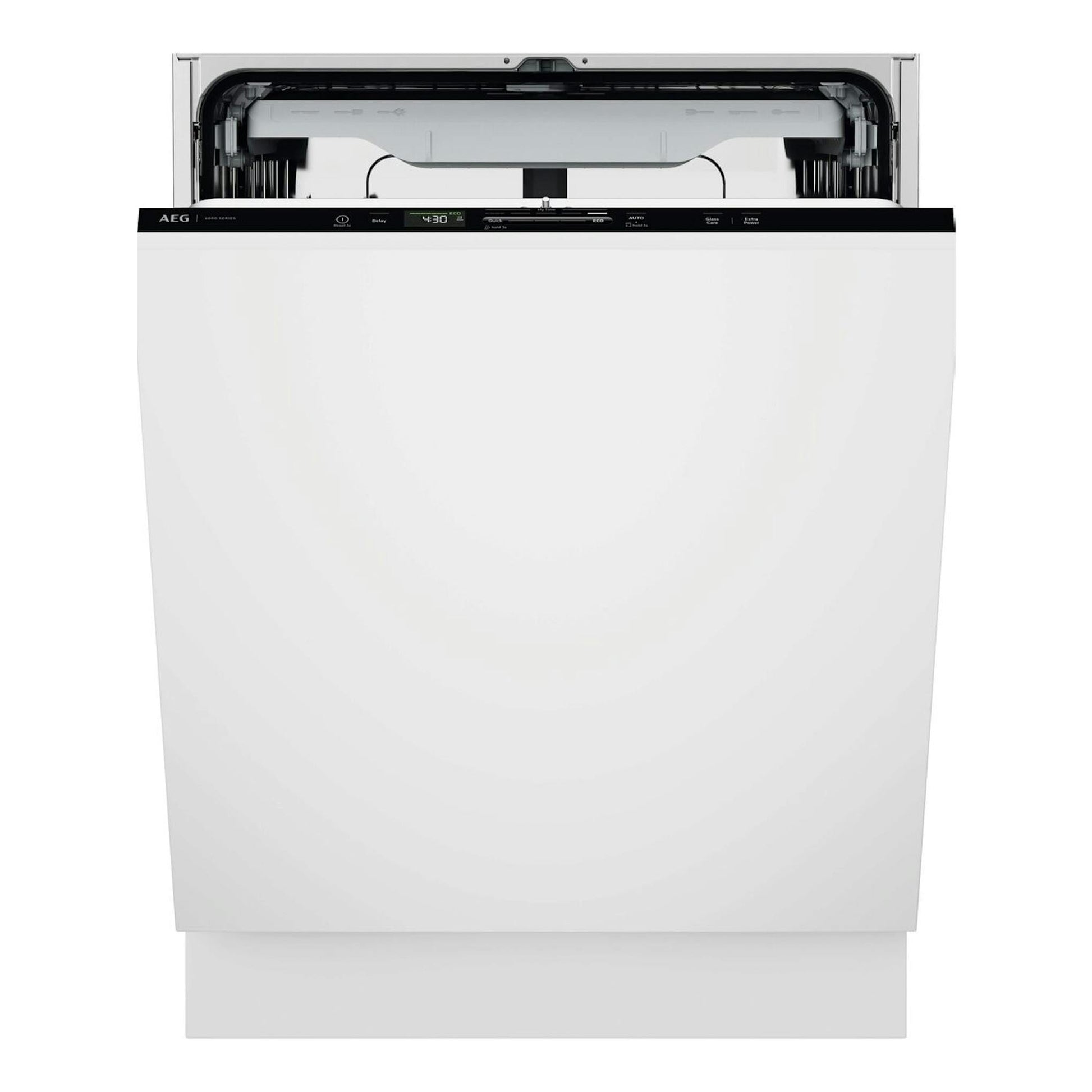 Lavavajillas integrable AEG GI6200B2SC, vista frontal, puerta blanca y panel negro, con la parte superior abierta.