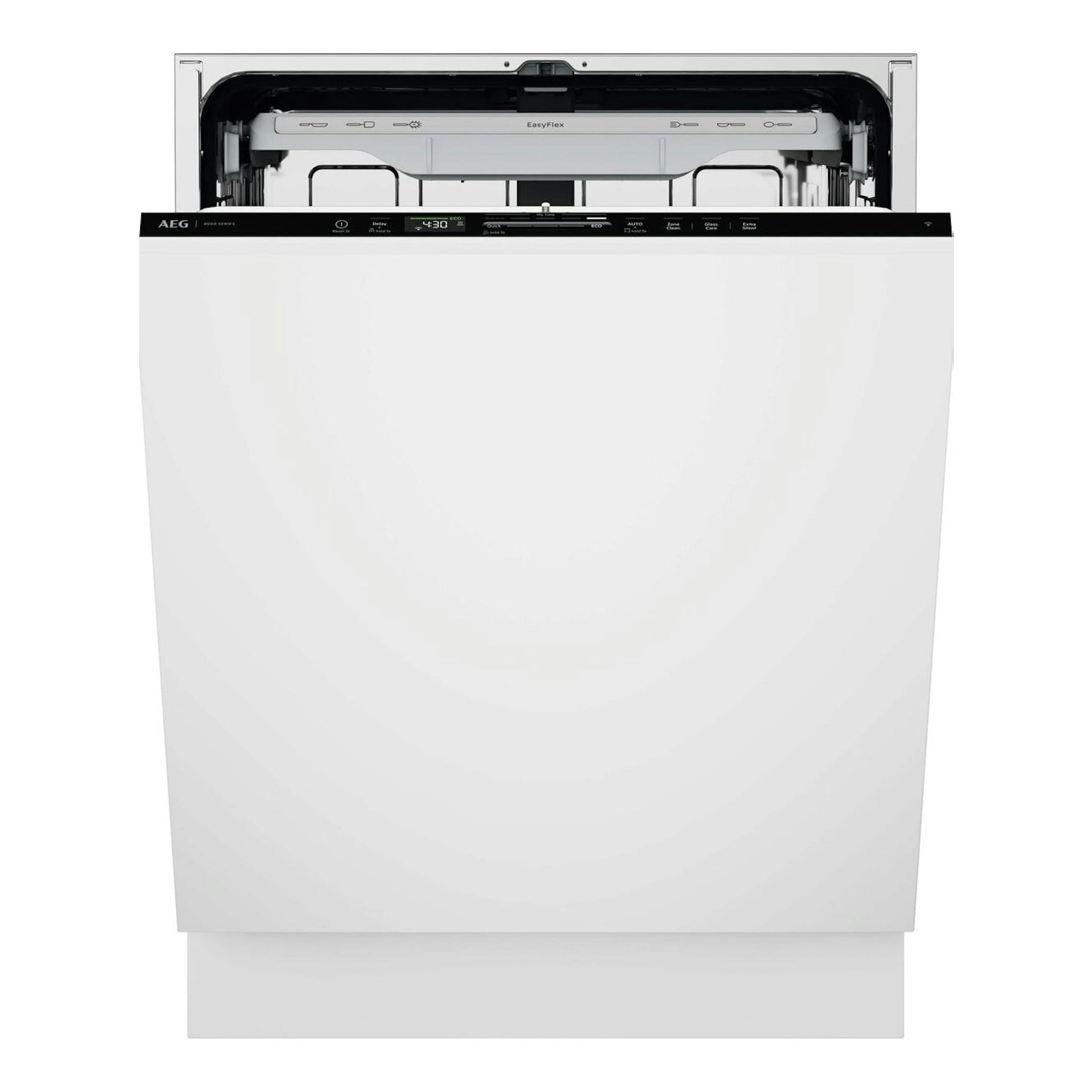Lavavajillas integrable AEG GI8200A2SG blanco, vista frontal con la puerta abierta y panel negro superior.